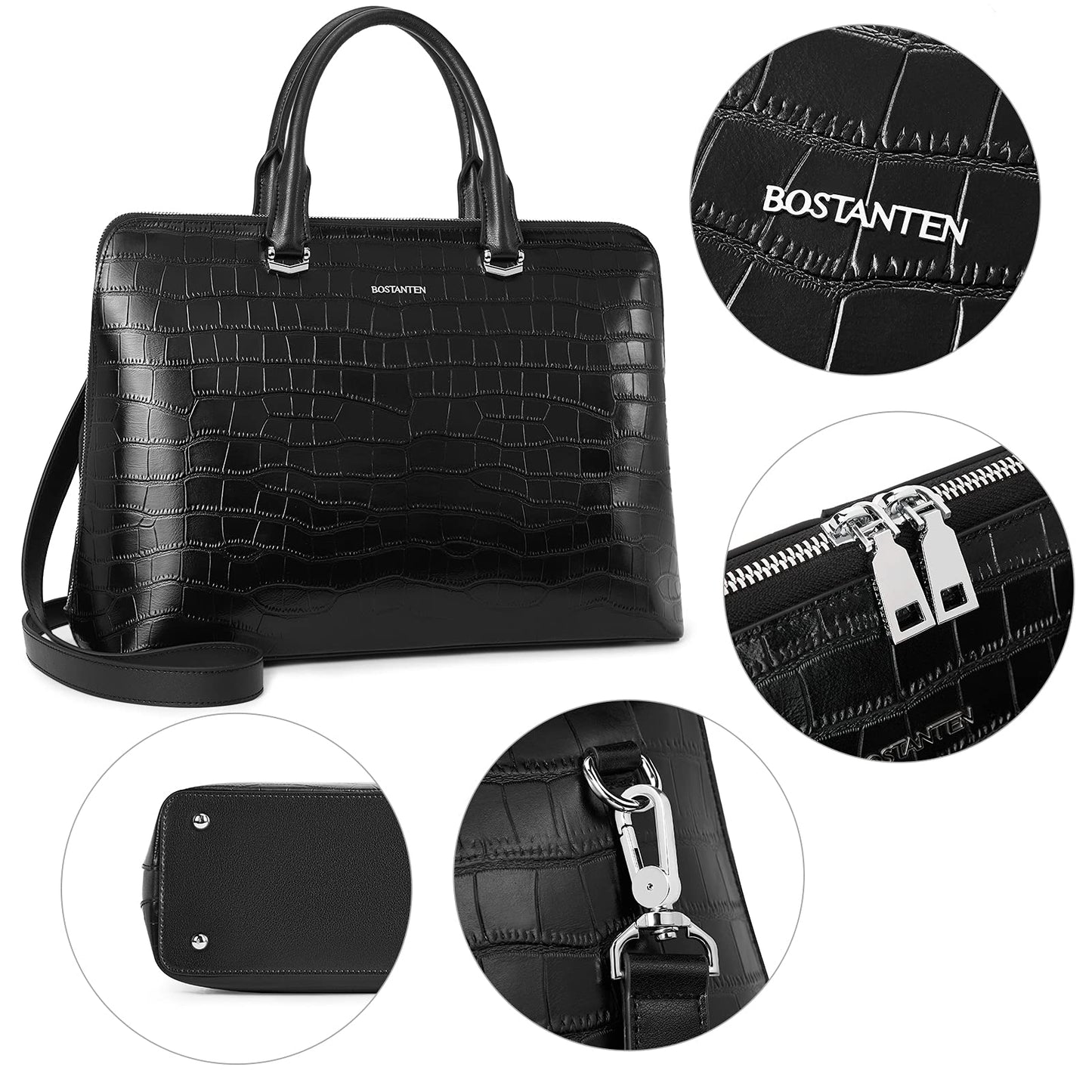 BOSTANTEN Briefcase for Women Leather 15.6 inch Laptop Shoulder Bags Office Work Crossbody Handbags Crocodile Pattern Black