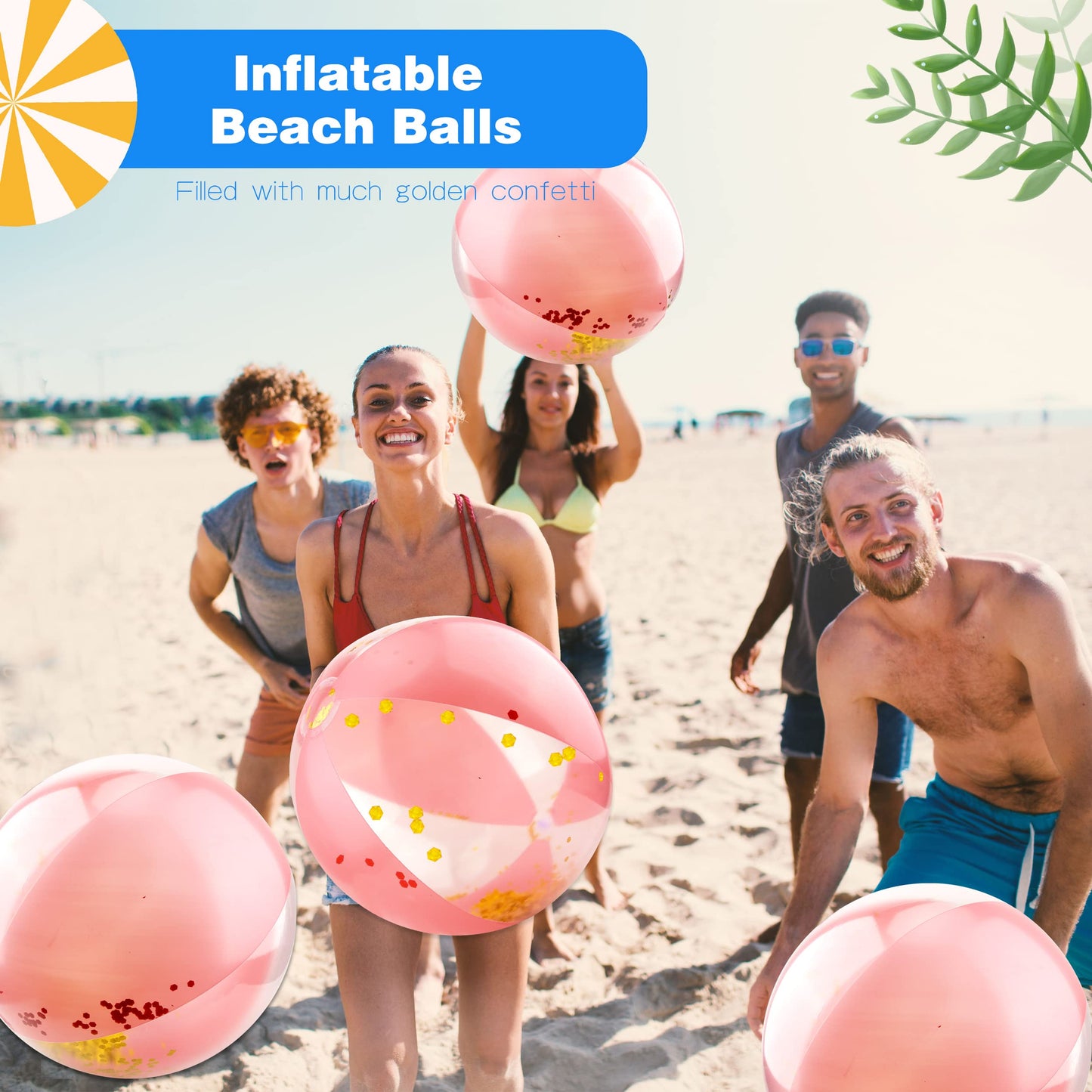 Sonarun 20 Pack 16 Inch Inflatable Glitter Beach Ball Rose Gold Confetti Beach Balls Bulk for Summer Beach Pool Water Party Play Toys Hawaii Luau Party Favors