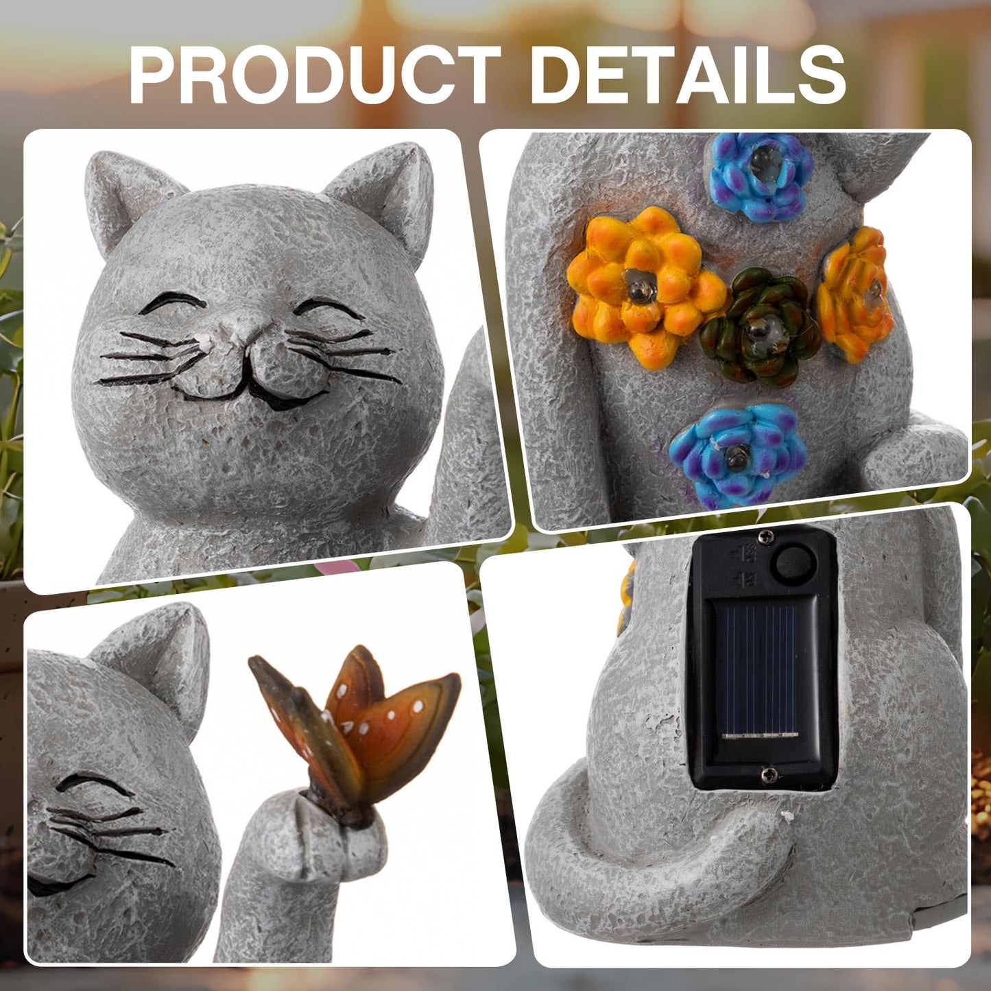 Riakrum Hide a Key Outside Cat Figurine Key Hiders Outside Garden Cat Statues Resin with Solar Light Decorations for Yard Outdoor, Housewarming Birthday Gift for Women