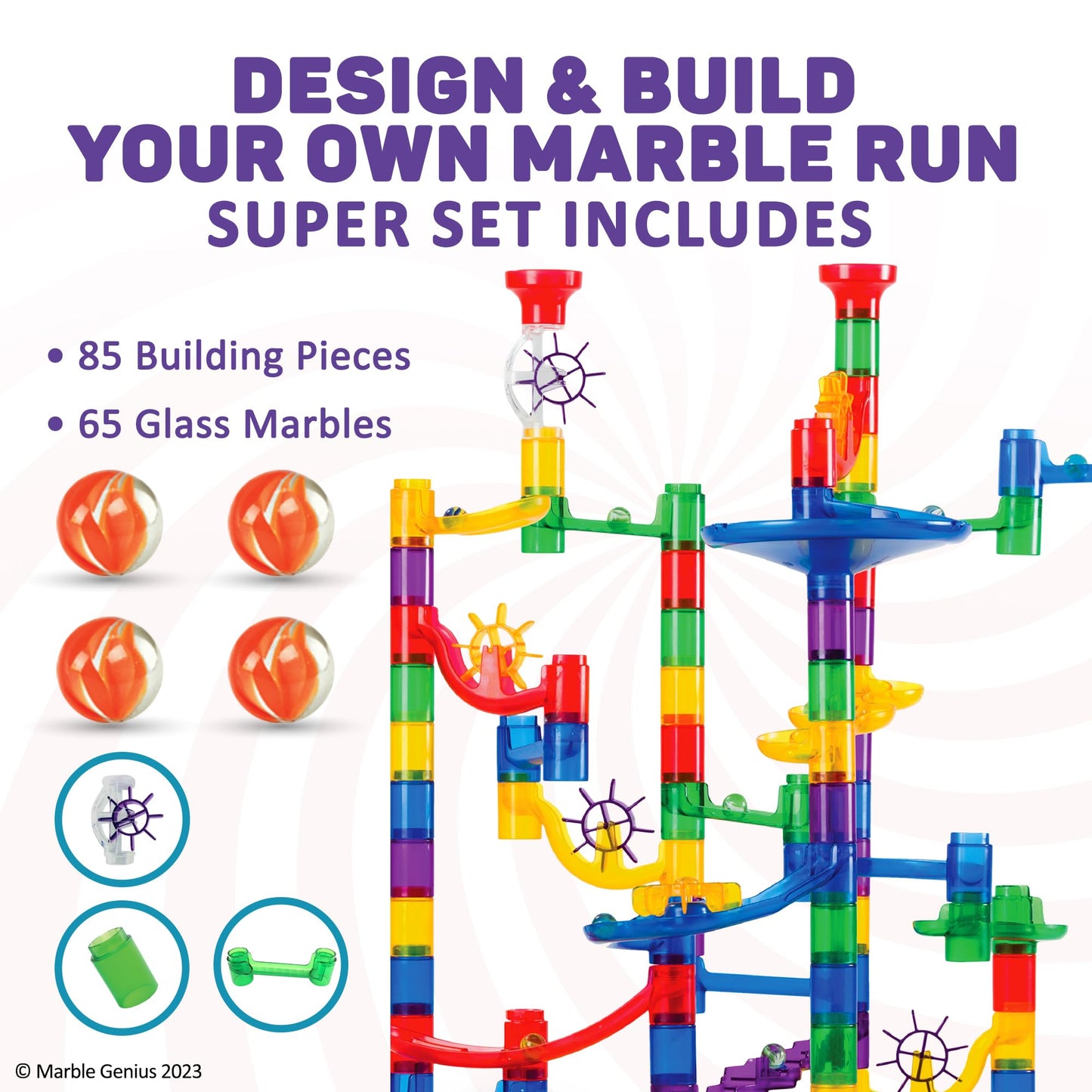 Marble Genius Marble Run - 150 Complete Pieces Maze Track Easter Toys for Adults, Teens, Toddlers & Kids Aged 4-8 Years Old, (85 Translucent Marbulous Pieces + 65 Glass-Marble Set), Super Set
