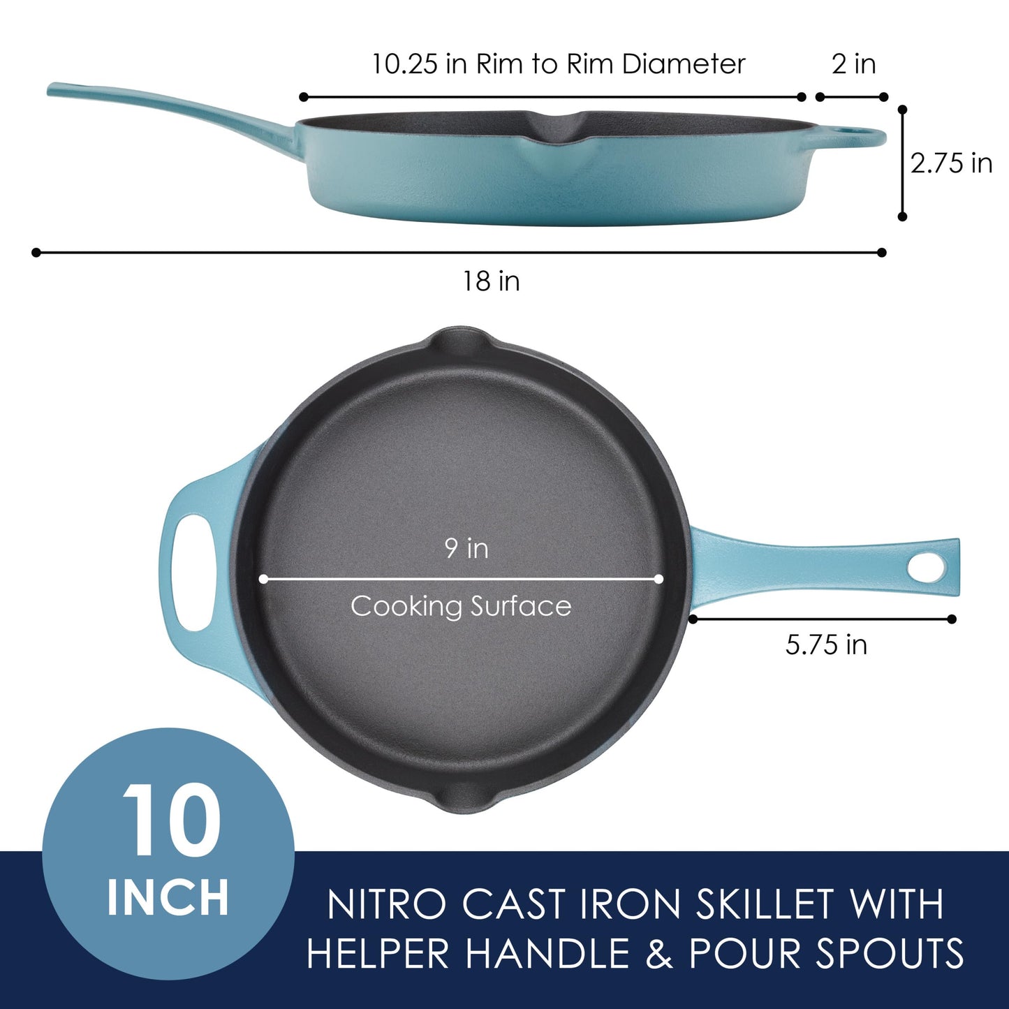Rachael Ray NITRO Cast Iron Fryin Pan/Skillet with Helper Handle and Pour Spouts, 12 Inch - Agave Blue