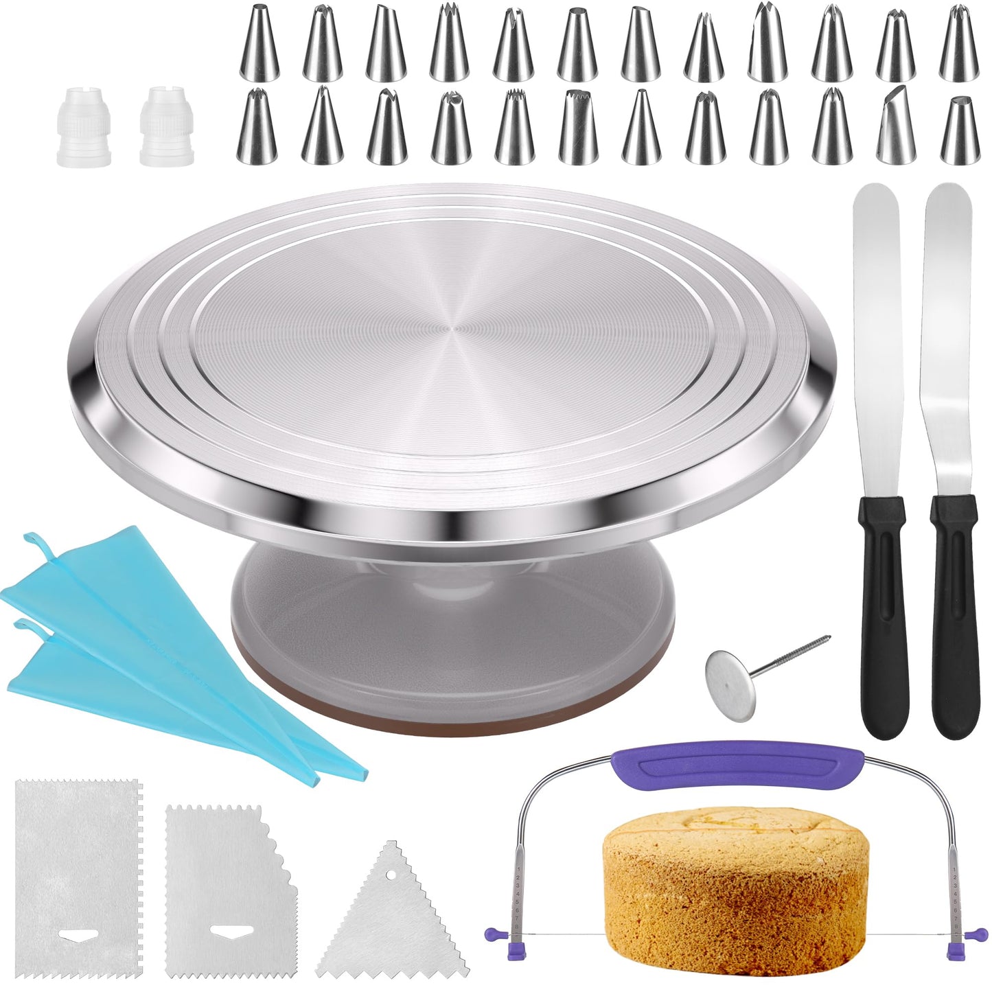 12 Inch Round Aluminum Revolving Cake Decorating Stand,35 pcs Cake Turntable Kit Supplies, Rotating Cake Stand,for Cake,Pastries and Cake Decorations