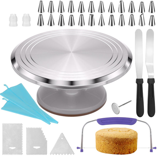 12 Inch Round Aluminum Revolving Cake Decorating Stand,35 pcs Cake Turntable Kit Supplies, Rotating Cake Stand,for Cake,Pastries and Cake Decorations