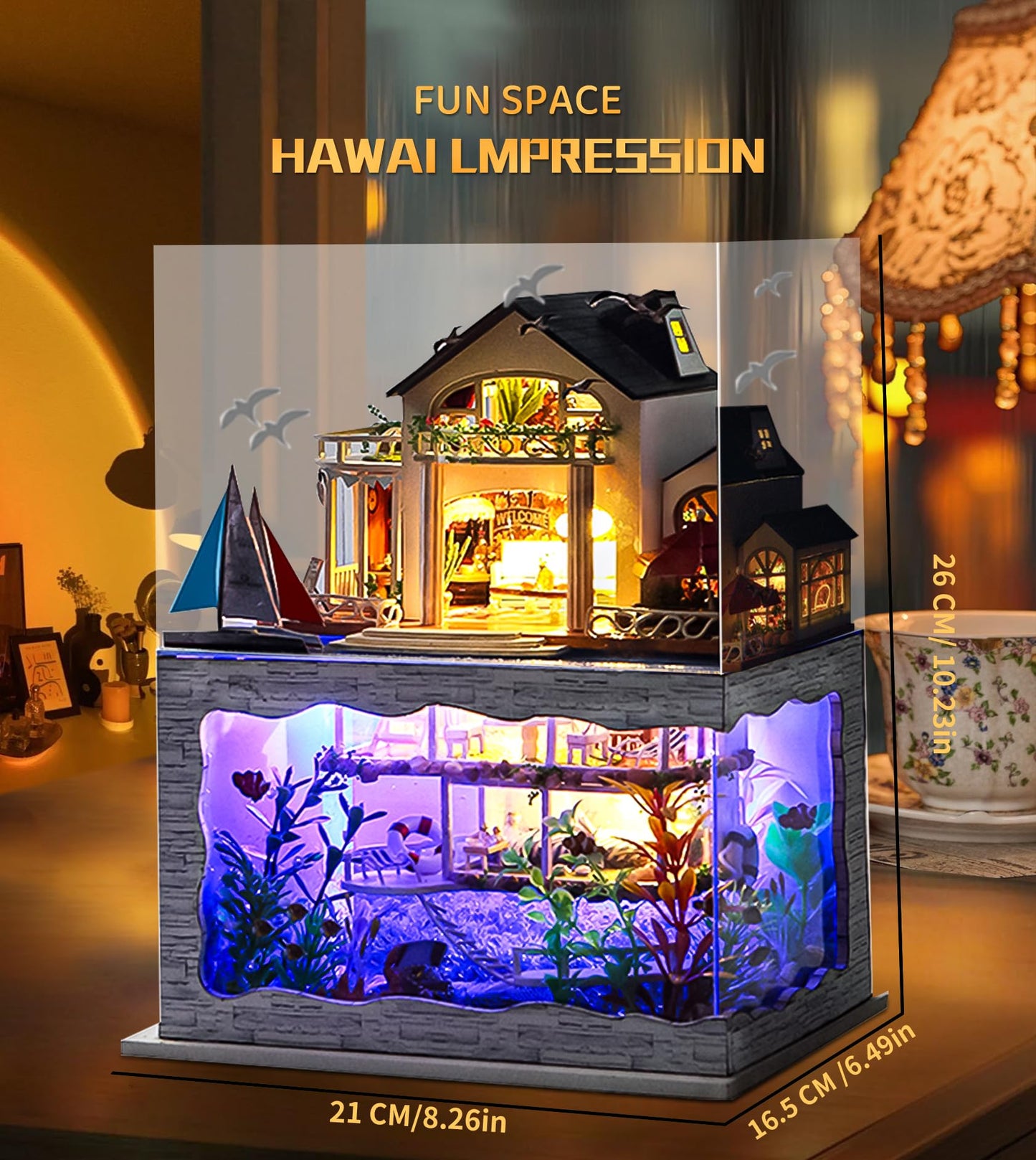 Spilay Miniature Dollhouse Kit with Furniture,DIY Dollhouse Kit Mini Modern Villa Model Plus Dust Cover and Music Box ,1:24 Scale Creative Room Idea for Children Birthday Gift(Hawaii Impression)