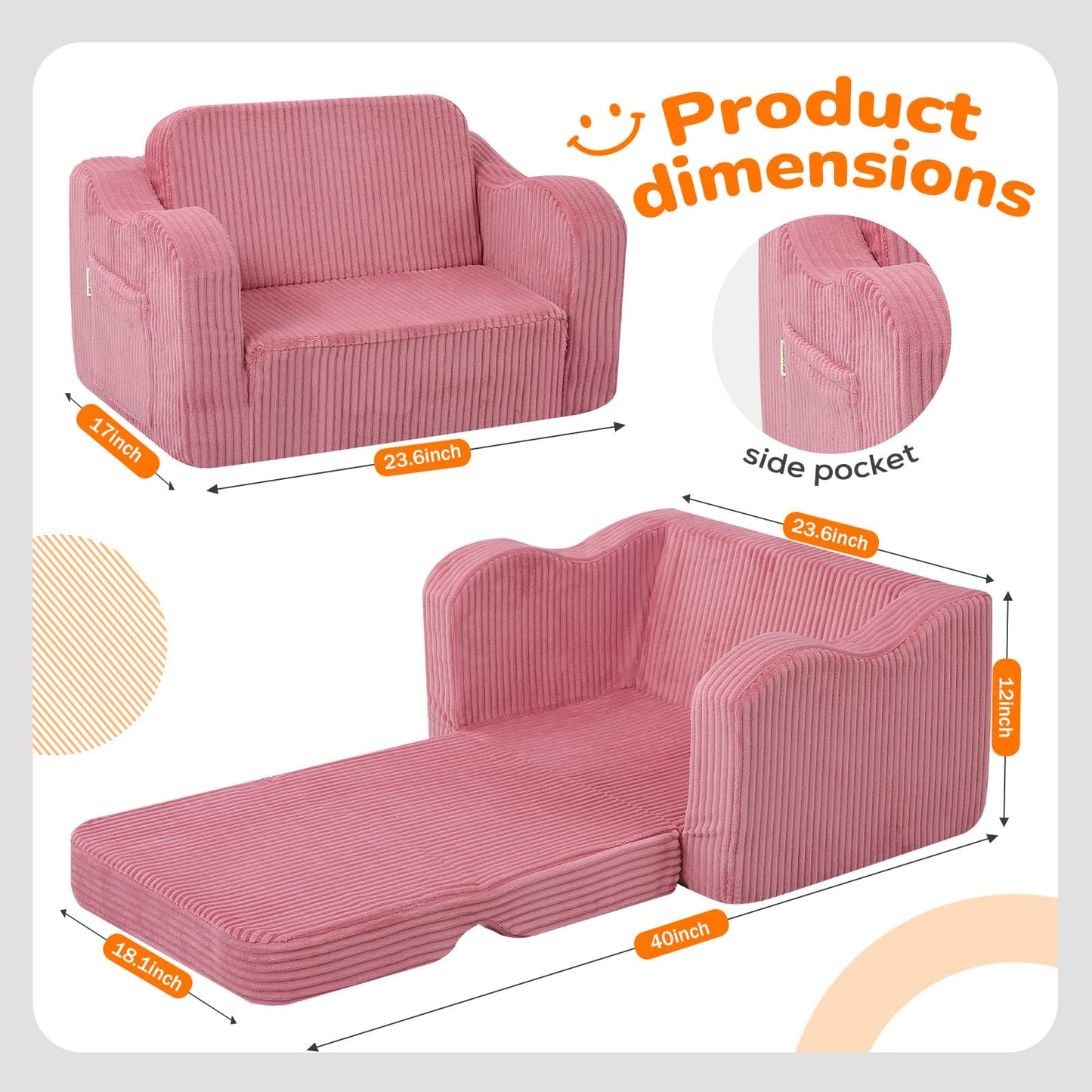MeMoreCool Corduroy Pink Kids Chair, 2-in-1 Kids Couch Fold Out to Recliner for Girls, Comfy Foam Sofa for Ages 3+ with Washable Cover for Playroom and Bedroom