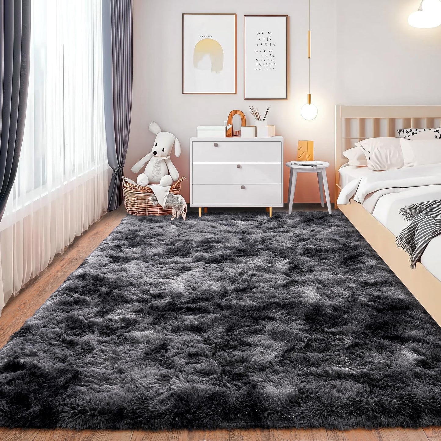 Isdook Shaggy Area Rugs, Fuzzy Rugs for Living Room, Soft Nursery Area Rug for Girls, Tie Dye Black Gray Plush Area Rugs Non Slip, Fluffy Rug Carpet 8x10ft