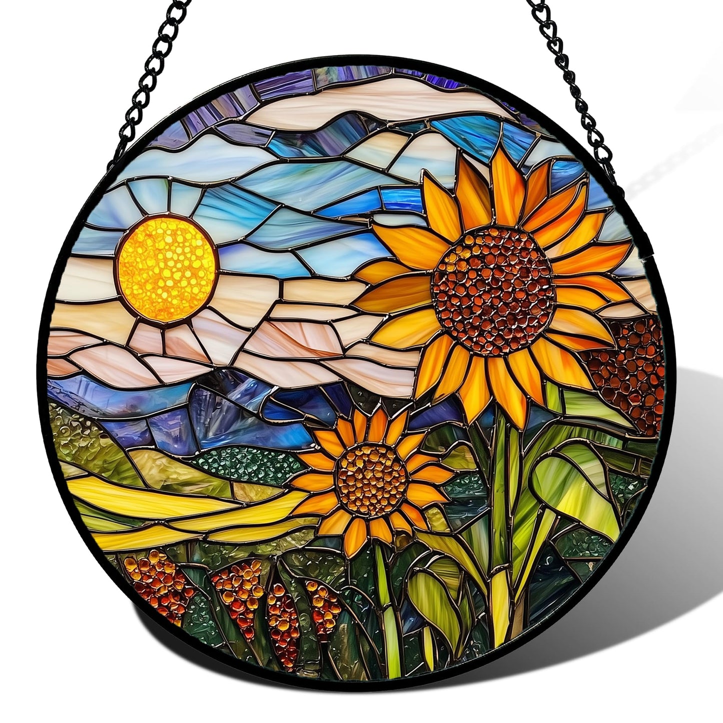 AMDERVEN Stained Glass Suncatcher, Sunflower Flowers Landscape Sun Catcher Plant Mountains Stain Glass Window Hanging Decoration Mother's Day Birthday Gifts for Women Men Mom Nana 7.8 in