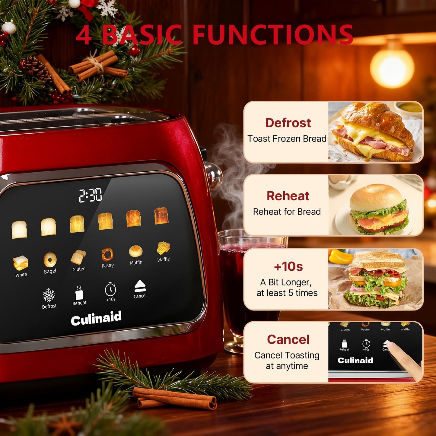 Culinaid Toaster 2 Slice Smart Touch Screen, Retro 1.5'' Extra Wide Slot Stainless Steel Digital Bread Toaster with Memory Function, Bagel, Defrost, 6 Browning Levels and Removable Crumb Tray, Red