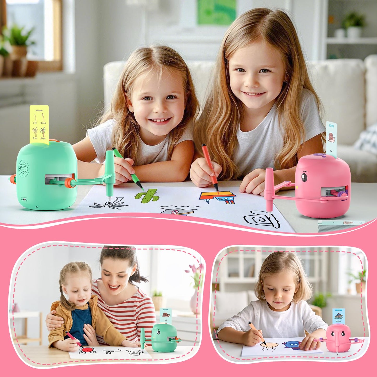 Interactive Educational Drawing Robot for Kids - Montessori Learning Toy with 100 Word Cards, Voice Interaction, Ages 5+ (Pink)