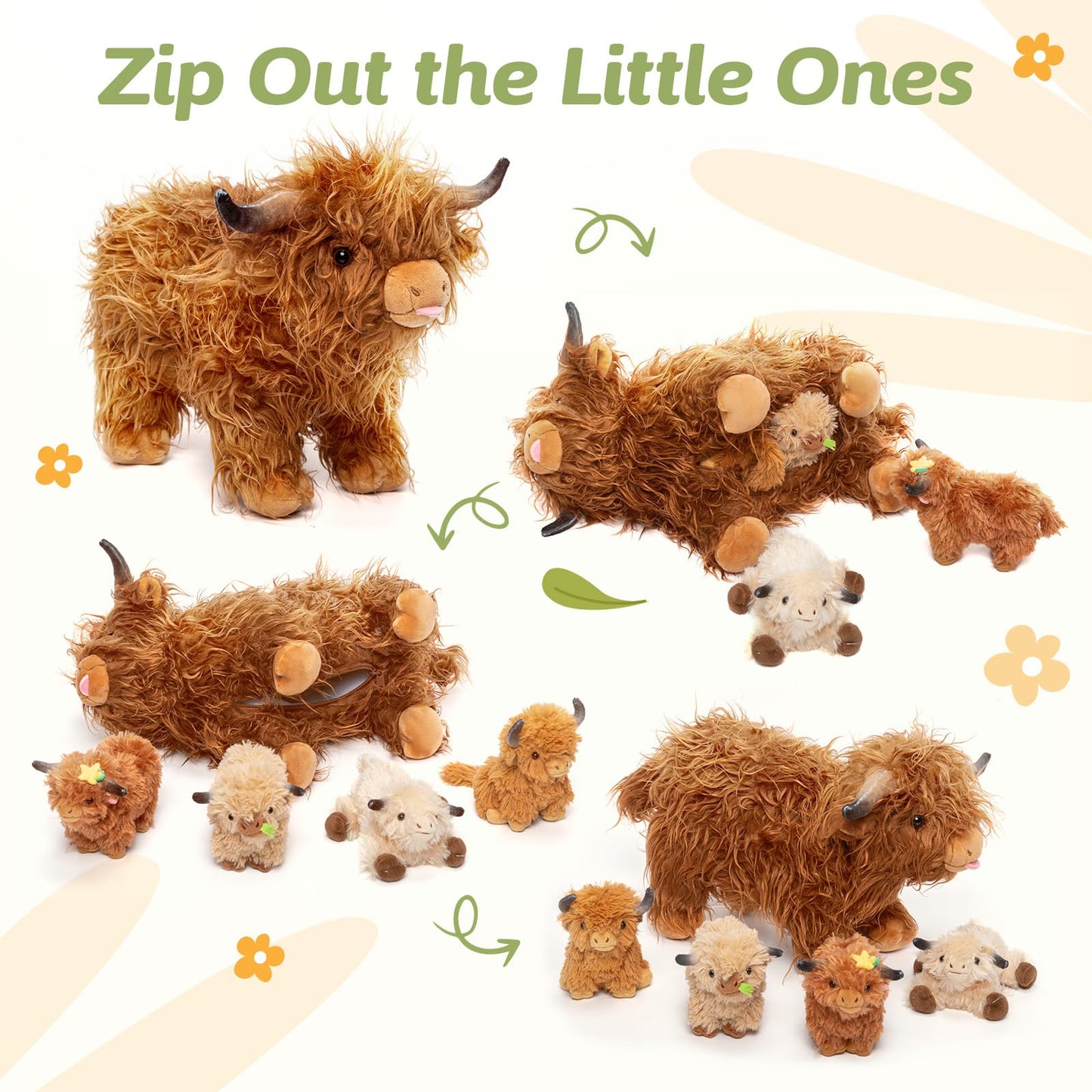 OUOZZZ Highland Cow Stuffed Animal – Large Realistic Fluffy Cow Plush Toy with 4 Baby Calves – Special Furry Material – Travel-Friendly & Portable Gift for Baby Girls, Boys, Toddlers & Kids 14.5"