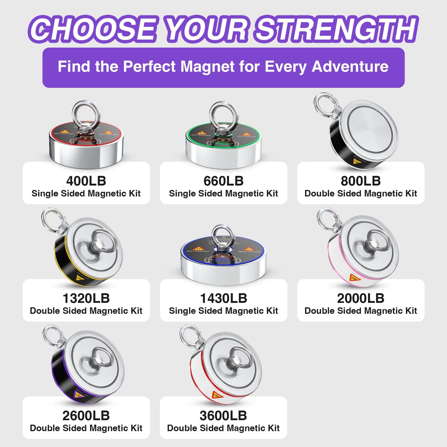 2600LB’s Complete Magnet Fishing Kit | Double Sided Fishing Magnet Kit with Case | Includes Strong Neodymium N52 Magnets, Durable 65ft Rope, Carabiner, Gloves, Grappling Hook & Carry Case