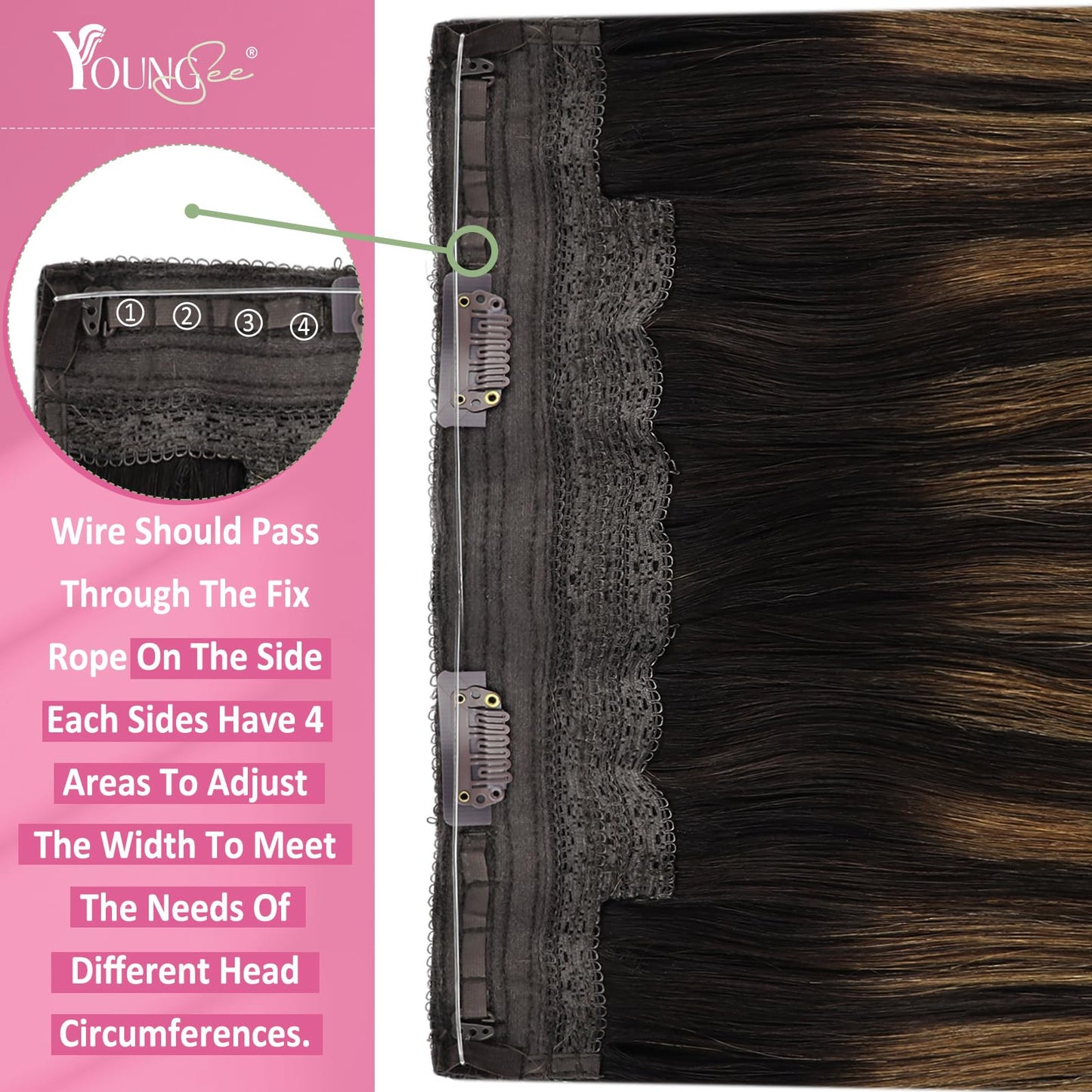 YoungSee Wire Human Hair Extensions Brown Wire Couture Hair Extensions Human Hair Balayage Darkest Brown with Medium Brown Wire Extensions Real Human Hair Comfortable Human Hair Extension 80G 16In