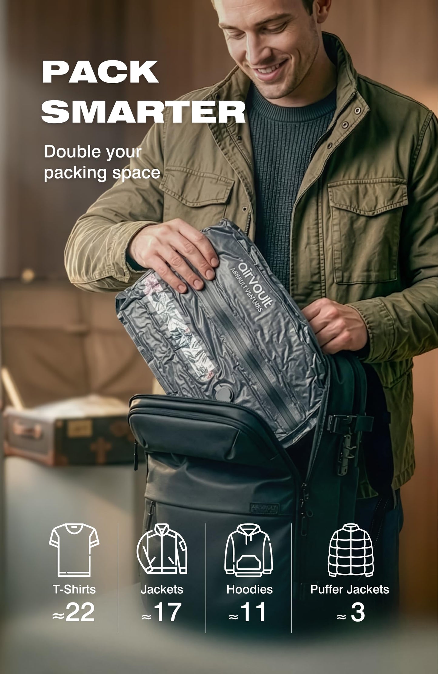 AirVault Reusable Vacuum Compression Travel Bag for Carry-On Suitcase and Backpack, Recycled IP67 Waterproof Space Saver Vacpack (18L Gray (2-Pack) (Air Pump Included)