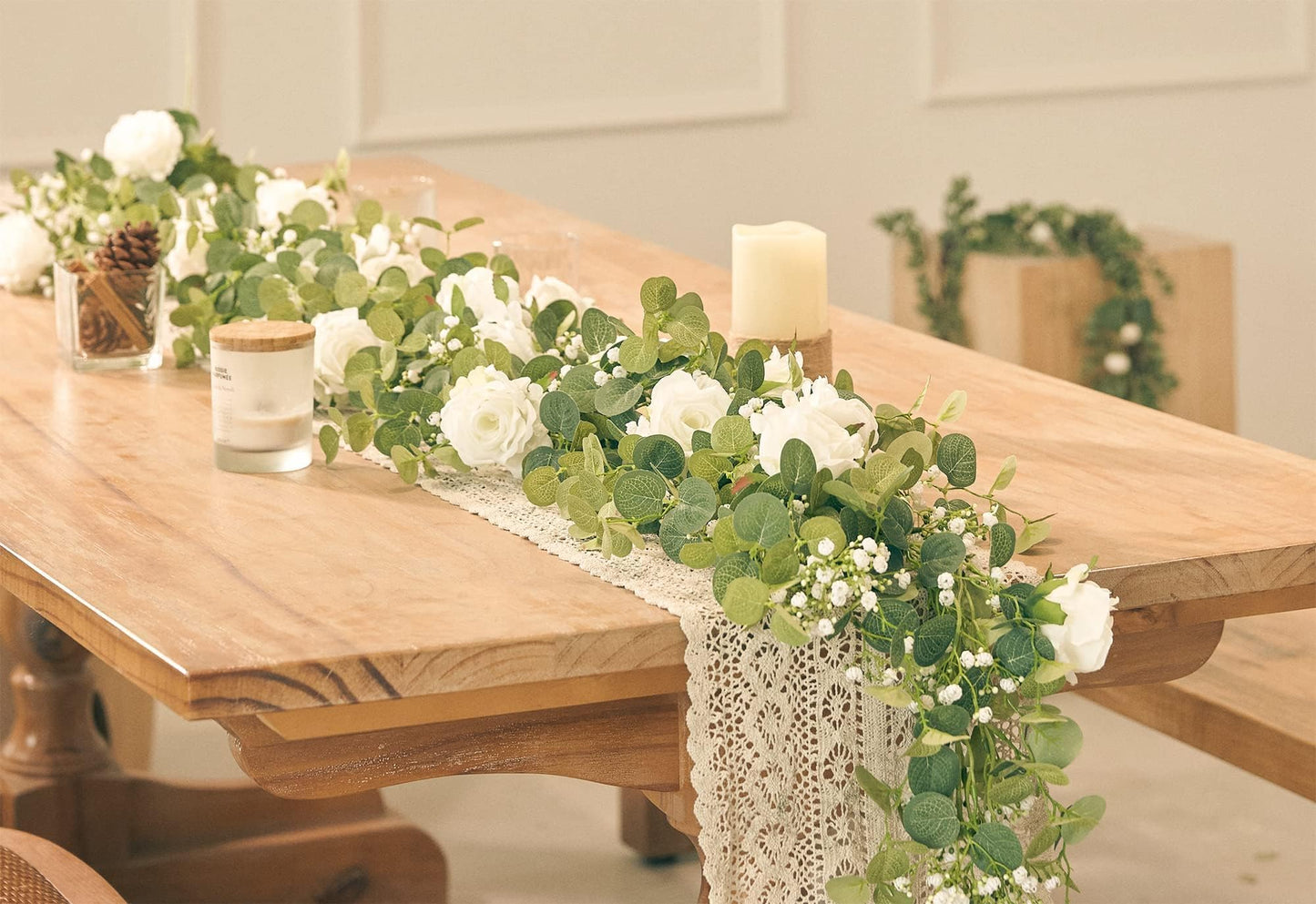 Anna's Whimsy 2PCS 5.91FT Artificial Eucalyptus Garland with Flowers, Fake Rose Gypsophila Garland, Faux Floral Greenery Garlands for Wedding Spring Home Party Table Runner Decor（White）