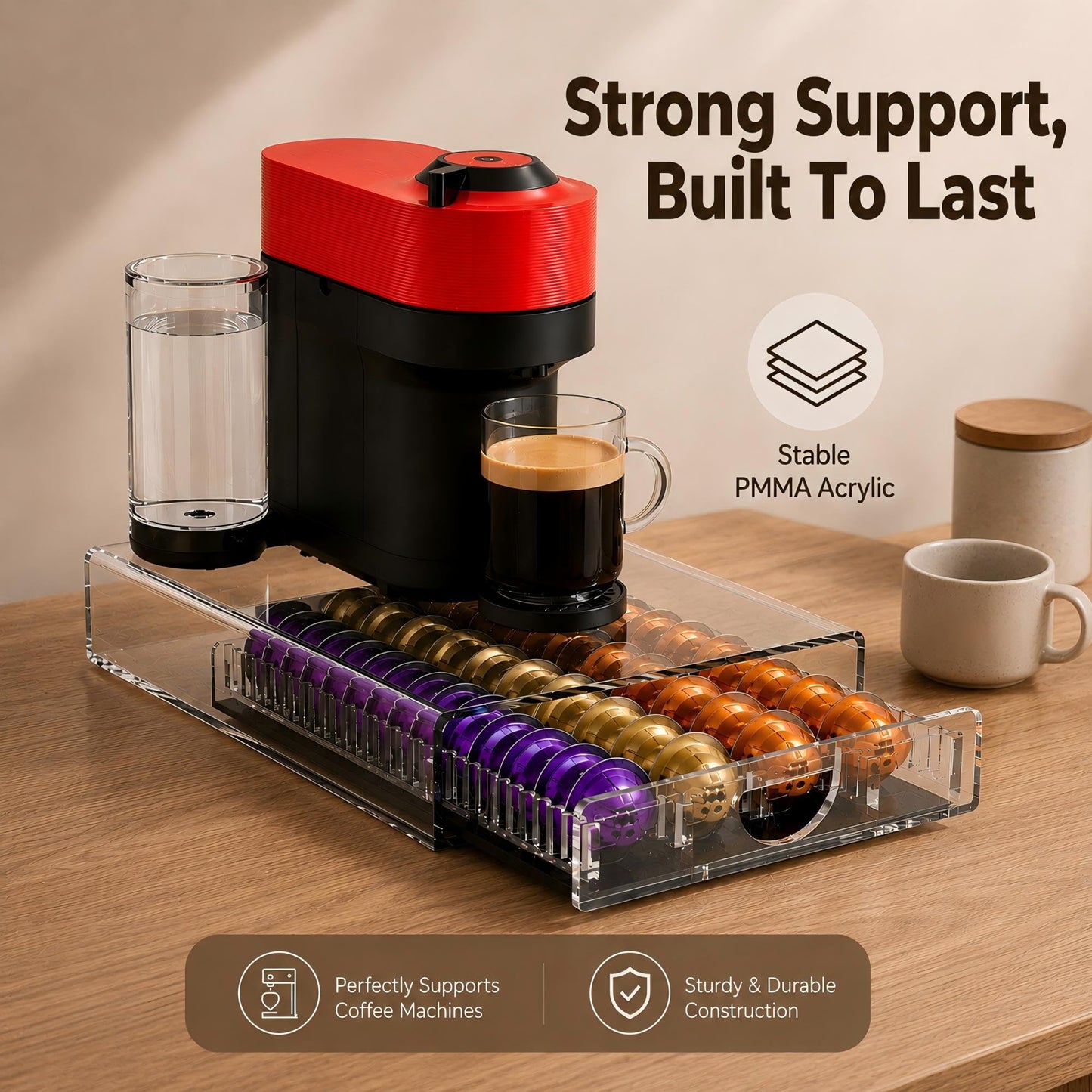 Coffee Pod Drawer Organizer for Nespresso Vertuo Pods,Acrylic Coffee Pod Holder Holds 40 Large or 60 Small Capsules or 28 K-Cups,Pull-Out Drawer with Anti-Slip Base for Home & Office,Matte Black