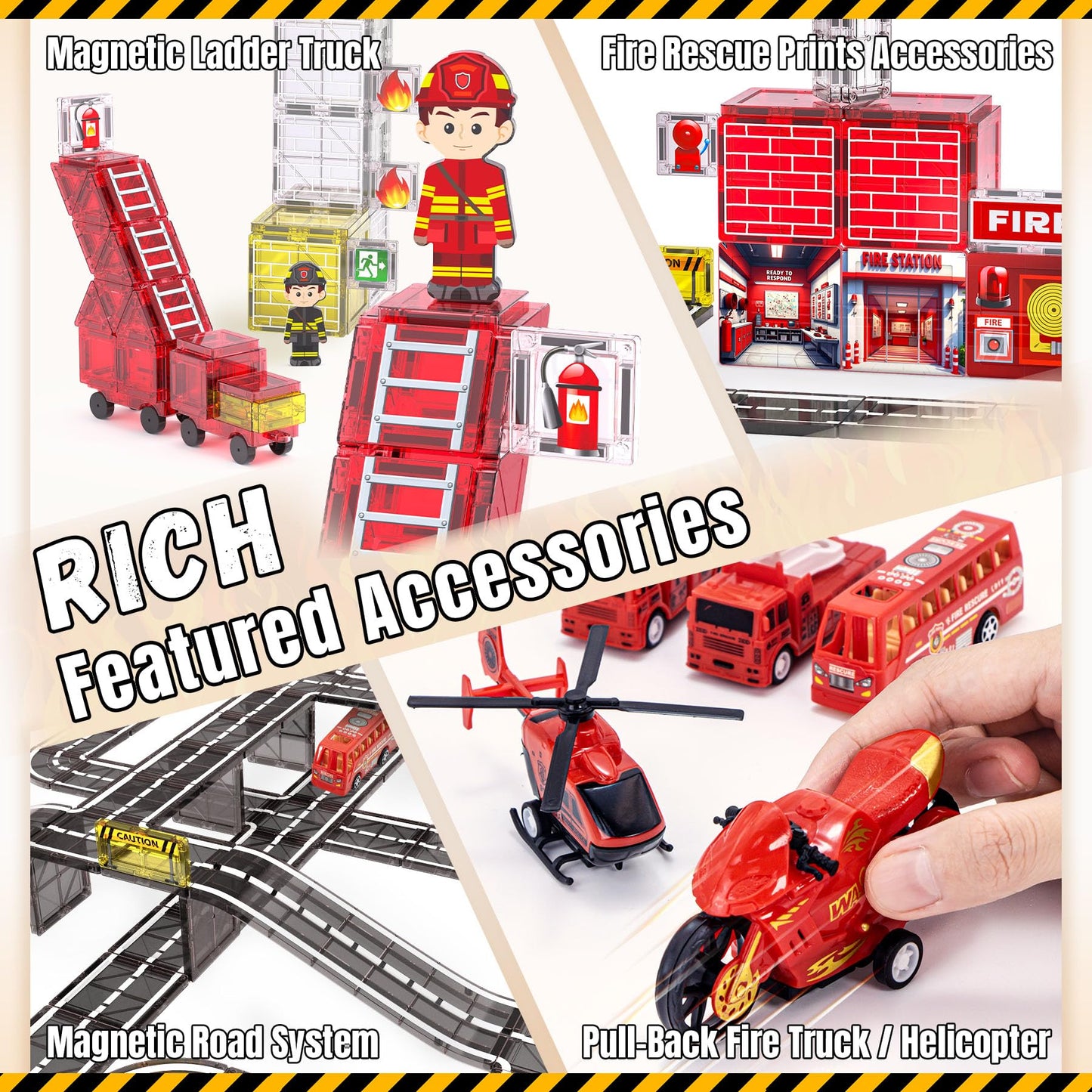 141 Pcs Magnetic Tiles for Kids, Fire Rescue Themed Magnetic Tiles with Fire Station and Fire Rescue Vehicles, STEM Magnetic Tiles for Kids Ages 4-8