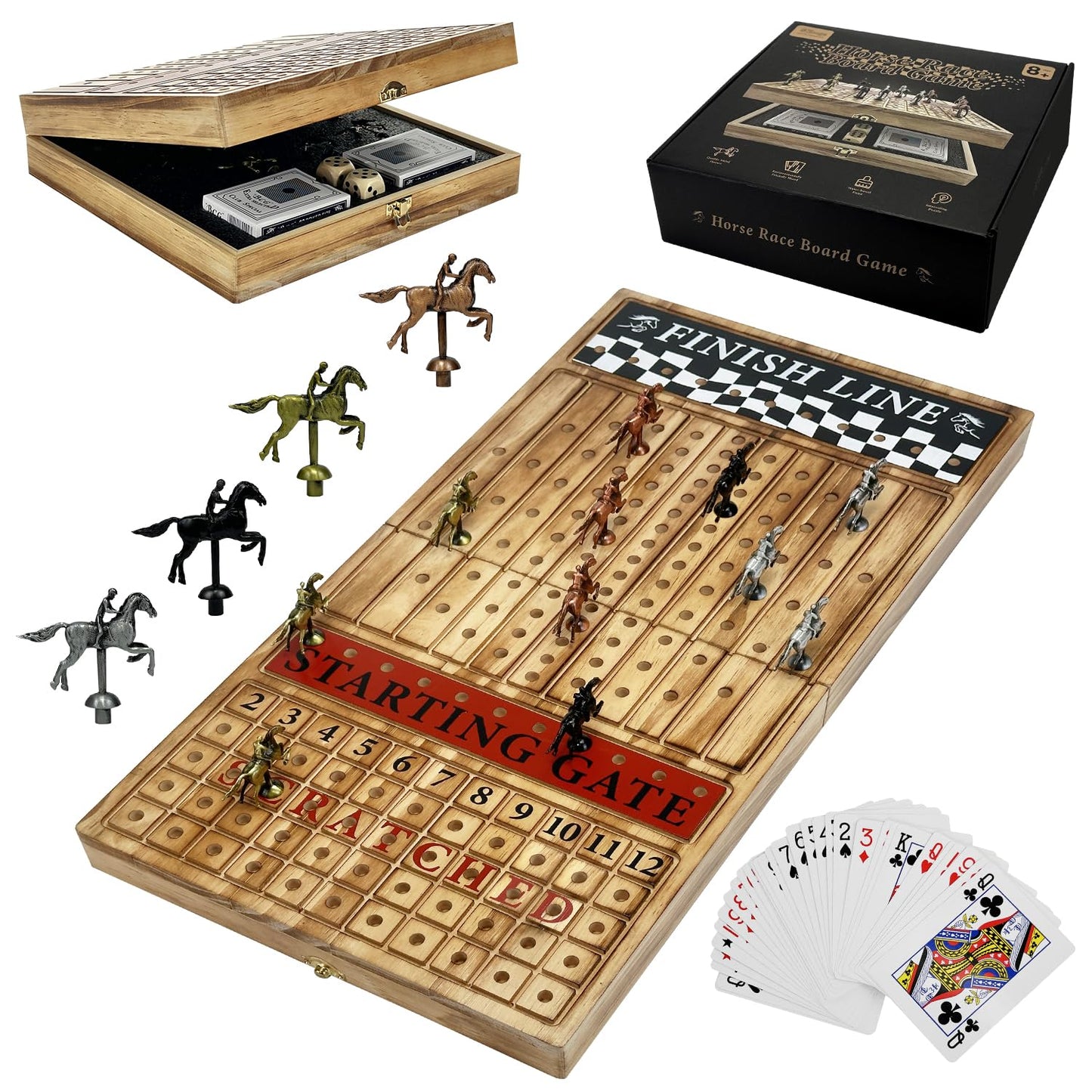Large 23 inches Horse Racing Board Game with 11 Luxury Metal Horses, Foldable Wood Horse Race Board Game with 2 Sets of Dice, 2 Boxes of Cards for Parties and Gambling