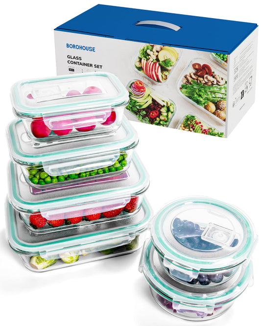 BOROHOUSE 6-Pack Borosilicate Glass Food Storage Containers Set with Airtight Lids - Oven, Microwave & Freezer Safe, Leak-Proof, BPA-Free - Baking, Meal Prep & Gift Ready