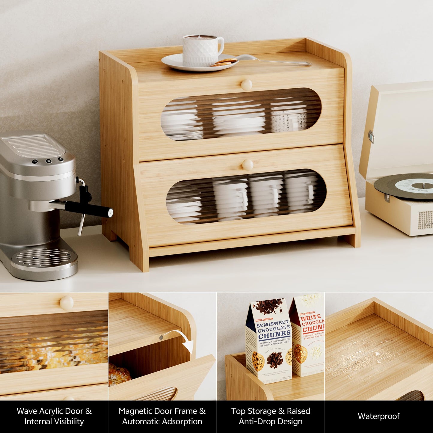 Stylstoreazy Bread Box,Extra Large 2-Tier Bamboo Bread Box for Kitchen Countertop,Bread Storage Container with Magnetic Acrylic Door for Homemade Bread,Under Cabinet,Pantry Organizer(Natural)