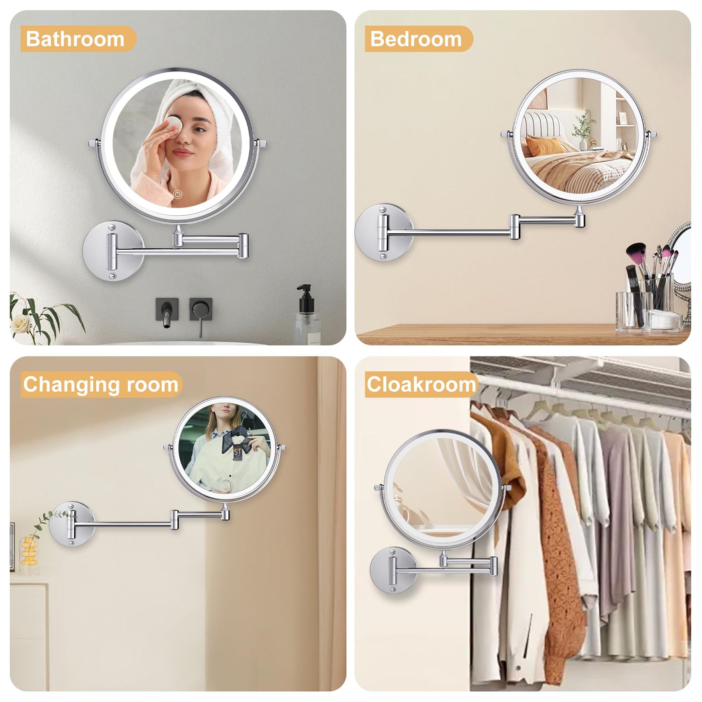 9 Inch Large Rechargeable Lighted Makeup Vanity Mirror Wall Mounted, 1X/10X Magnifying Mirror with Light for Bathroom 3000mAh USB Charging, Chrome Wall Mounted Mirror Swing Arm with 3 Light for Makeup
