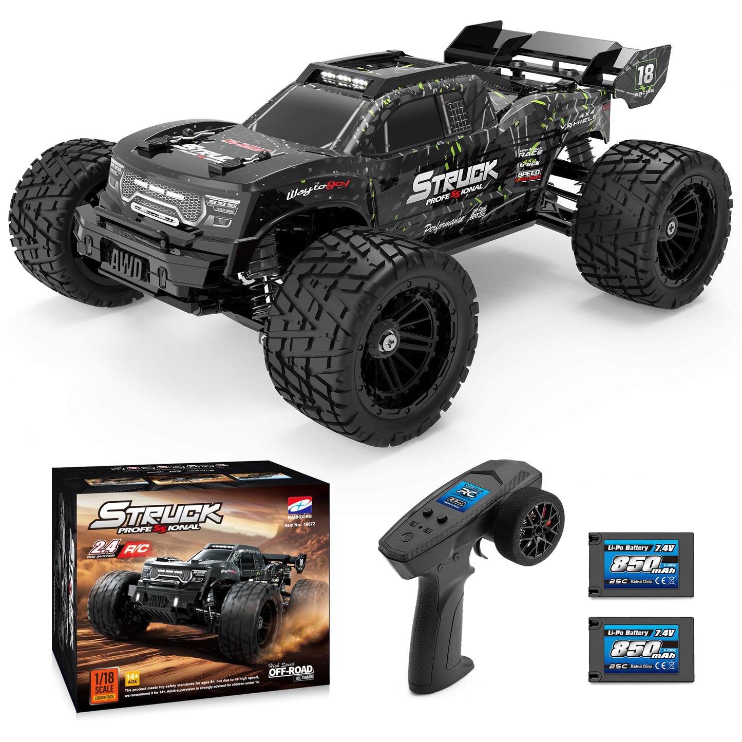 HAIBOXING 1:18 RC Car 18872 New Model RC Truck 4X4 Off-Road, 2.4GHz Remote Control Truck 36km/h Speed Splash Waterproof Electronics, Dual Li-Po Batteries Pre-installed and Spare in Box 35 Mins Runtime