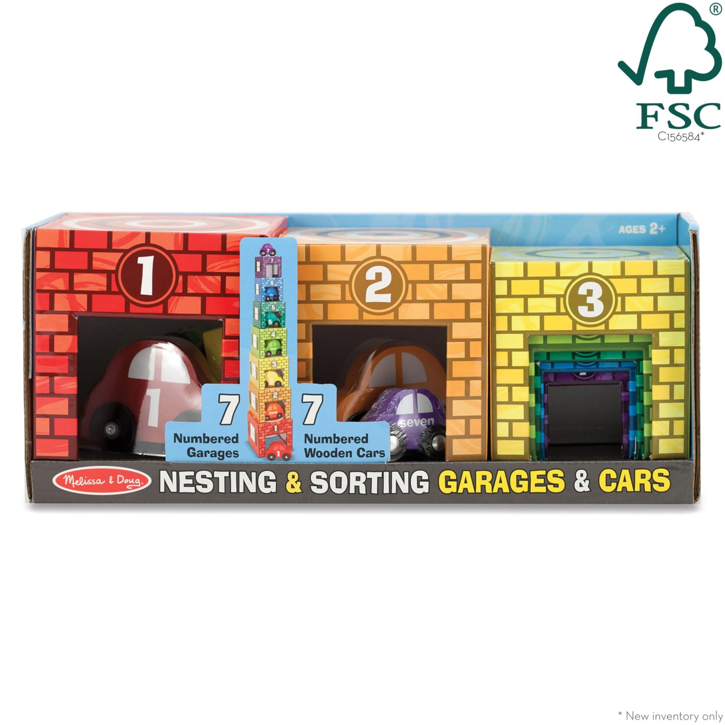Melissa & Doug Nesting and Sorting Garages and Cars with 7 Graduated Garages and 7 Stackable Wooden Cars - FSC CertifiedNumbers Learning Toys, Sorting and Stacking Toys for Toddlers Ages 2+