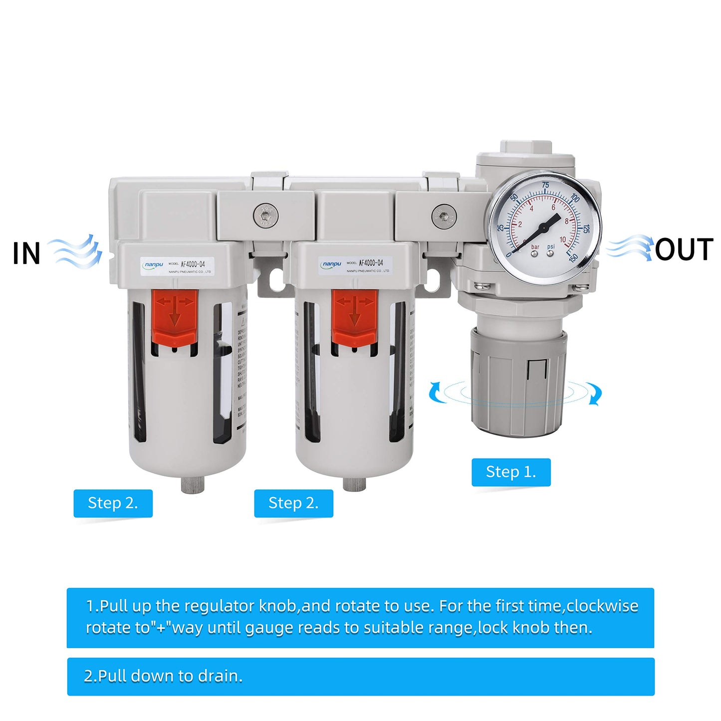 NANPU DFR-04 1/2" NPT Air Drying System - Double Air Filters, Air Pressure Regulator Combo - Semi-Auto Drain, Poly Bowl