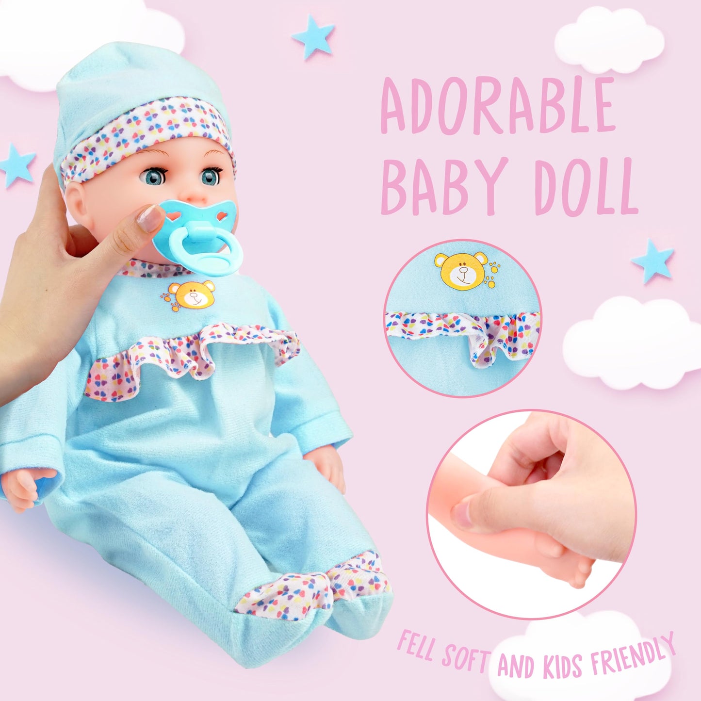 Toy Choi's Interactive Baby Doll - 40cm Crying Talking Feeding Soft Body Dolls for 2+ Year Old with Bottle Pacifier and Accessories, Pretent Play Preschool Gifts for Girls Boys, Blue