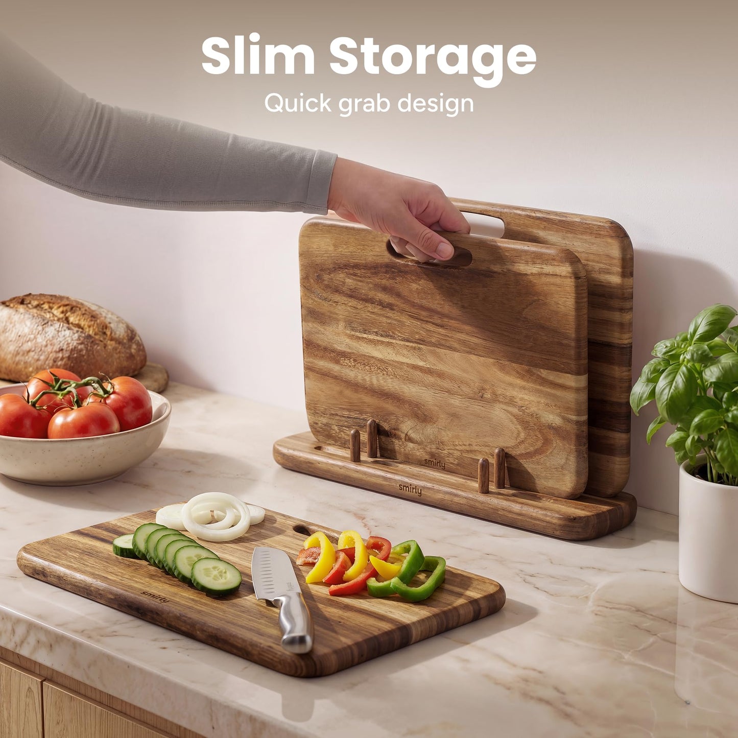 SMIRLY Wooden Cutting Boards for Kitchen, Double-Sided Cutting Board with Handle, Heavy Duty Solid Acacia Wood Cutting Board Set with Stand, 3 Pcs Cutting Boards Non Toxic for Meat Vegetable Fruit