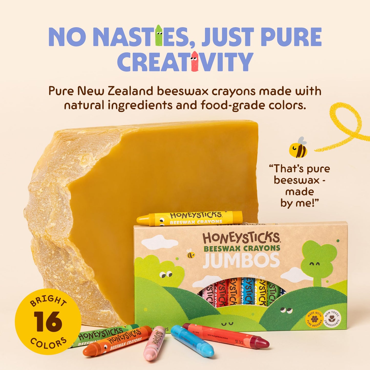 Honeysticks Jumbo Crayons (16 Pack) - Non Toxic Crayons for Kids - 100% Pure Beeswax and Food Grade Colours - 16 Bright Colours - Large, Easy to Hold and Use - Sustainably Made in New Zealand