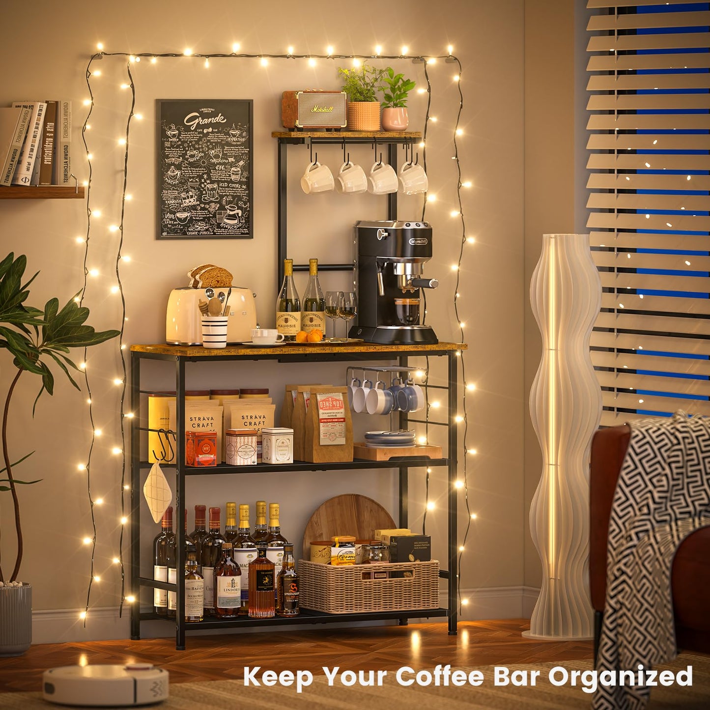 3IngSeagulls Bakers Rack with Storage, Kitchen Microwave Stand with Adjustable shelf and 6 S Hooks, 4-Tier Coffee Station Table, Kitchen Shelves for Spices, Pots, Rustic Brown