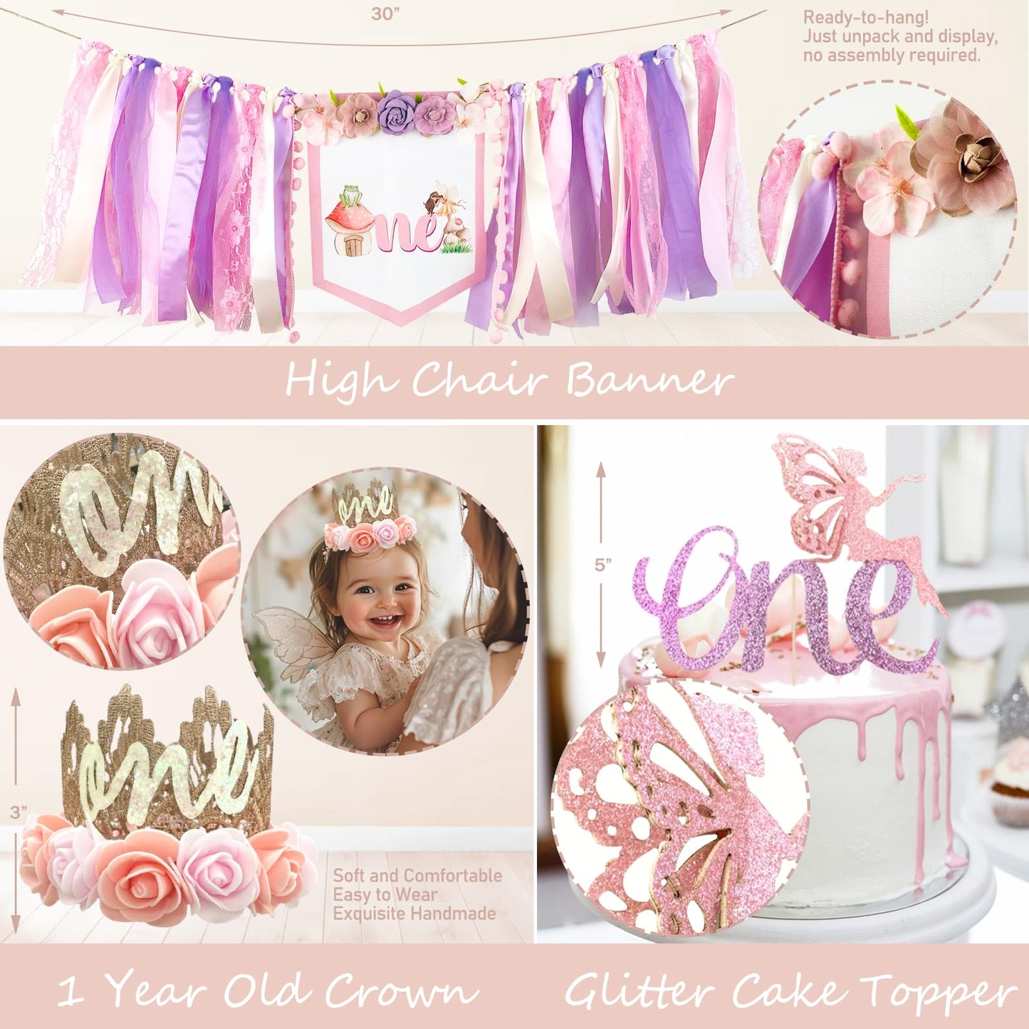 Fiesec Fairy First Birthday Decorations, Flower Themed 1st Birthday Party Decorations for Girl, Our Little Fairy is Turning One Backdrop Banner Tablecloth for Floral Forest Garden One Year Old Girl