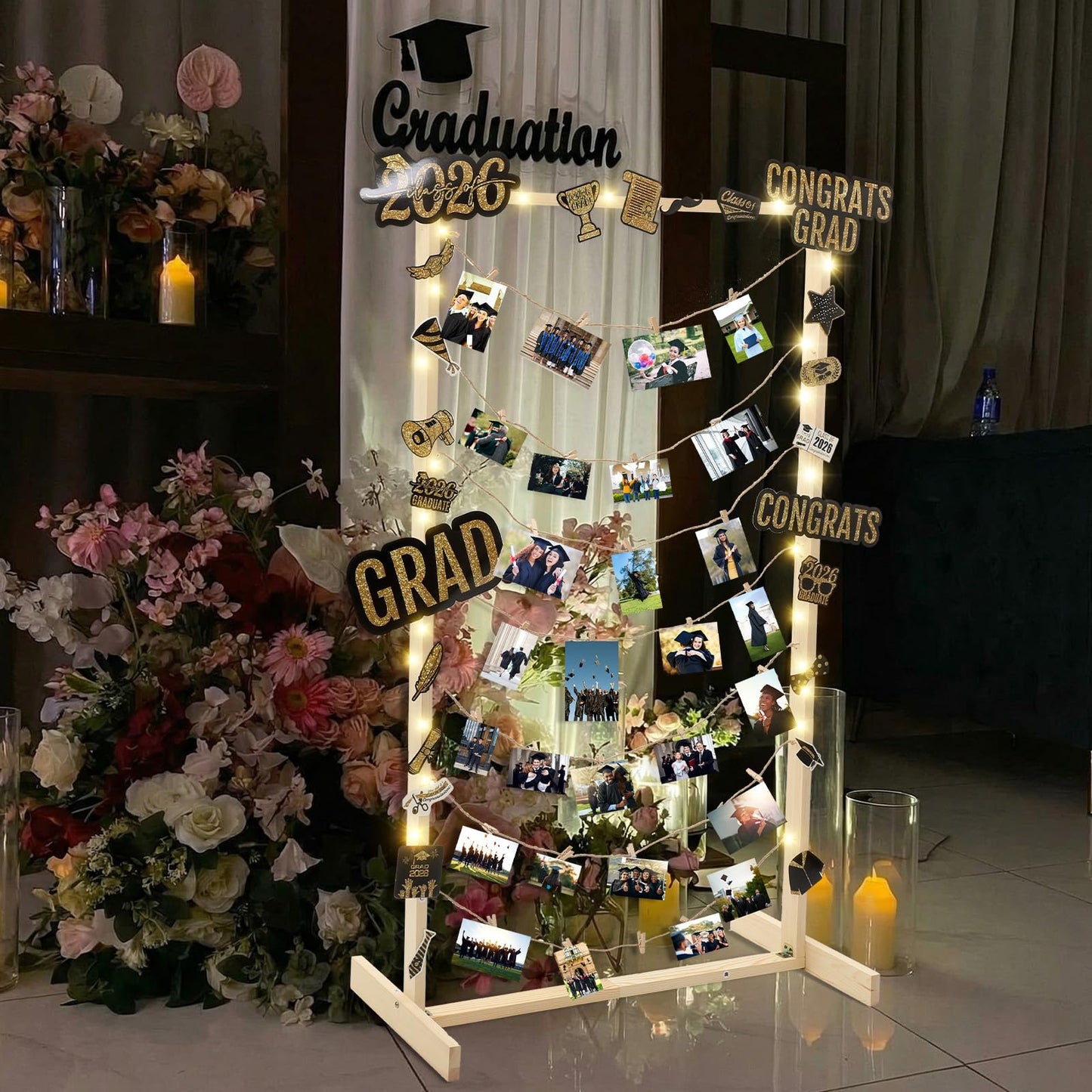 Colingmill 47 Inch Wooden Graduation Picture Display Frames Board Graduation Decorations Class of 2026 Standing Collage Picture Frame with String Light 30 Metal Clips for Grad Photo Party Decor