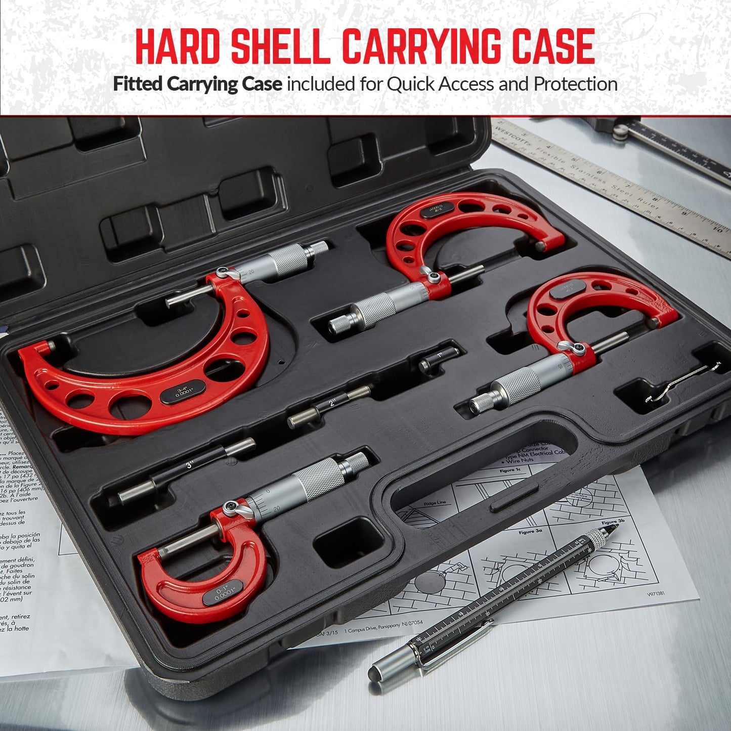 Premium Outside Micrometer Set 0-4" / 0.0001" (0-1"/1-2"/2-3"/3-4") Precision Machinist Tools w/Carbide Tips, Standards, Ratchet Stop