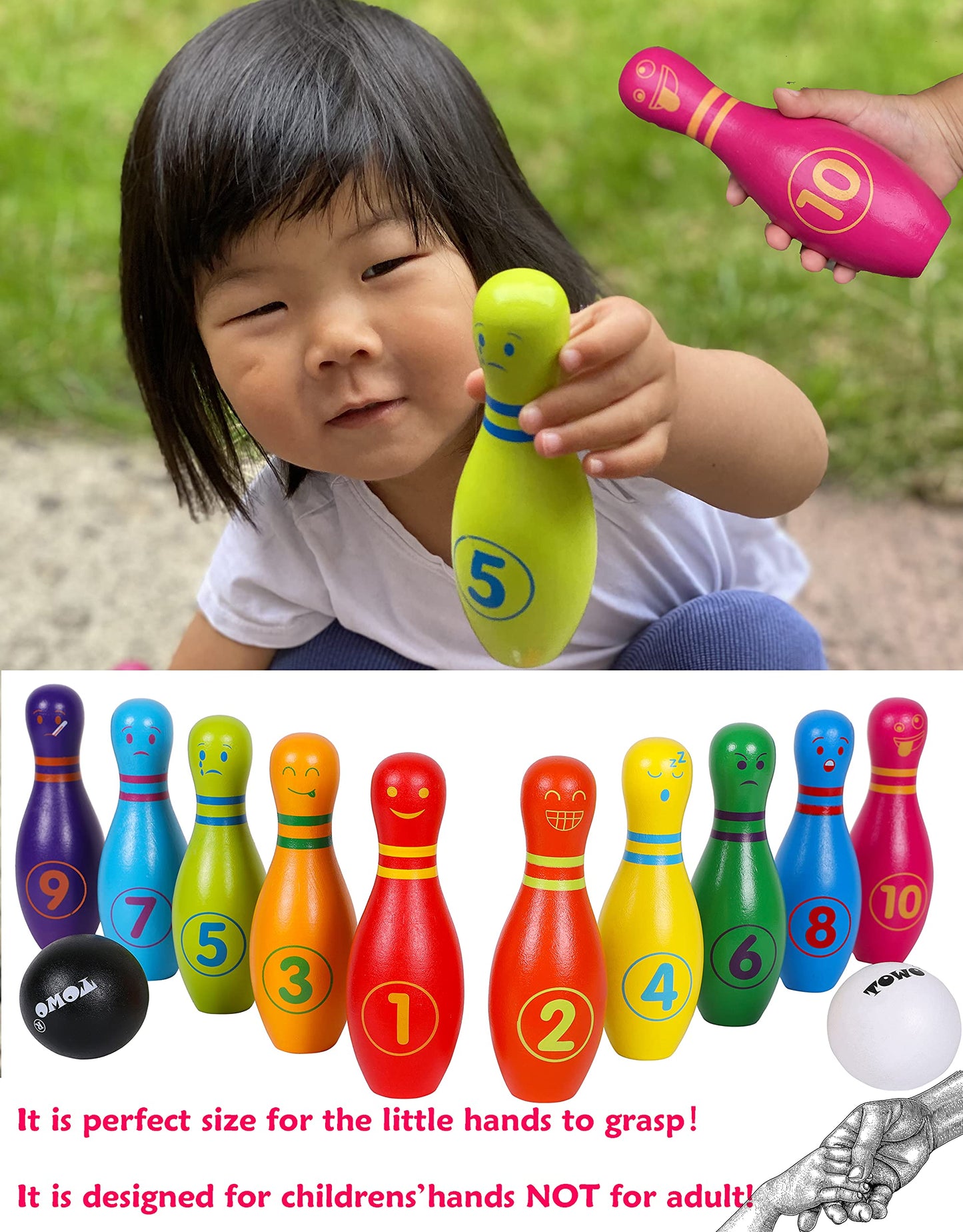 TOWO Wooden Skittles for Children - Wooden Skittle Set with Animal Faces and Numbers - 10 Pin Bowling Set for Kids - Wooden Toys for 2 Year Old