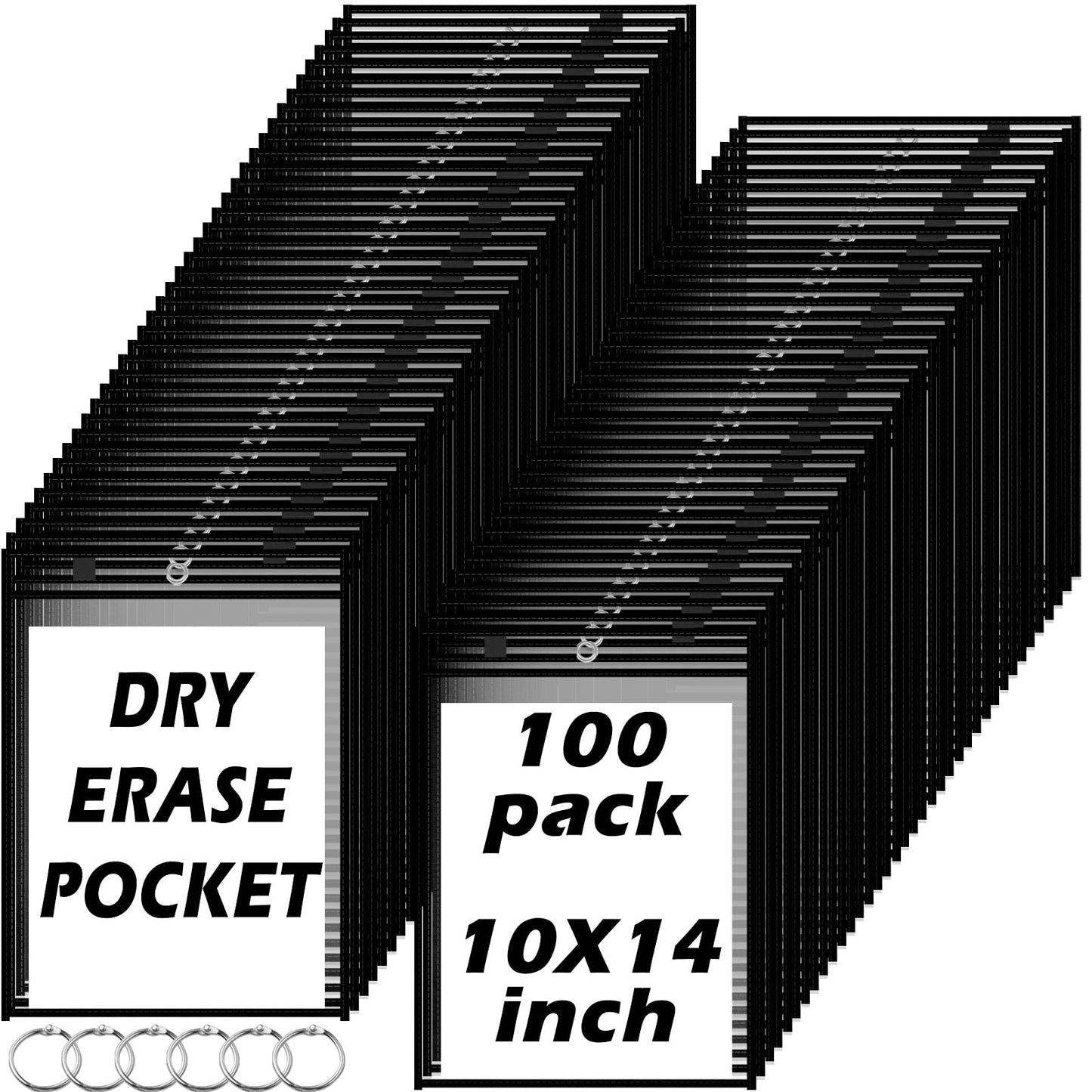 100 Packs Dry-Erase Pockets Bulk Oversized Reusable Dry Erase Pocket Sleeves with 6 Rings, 10x14 Black Ticket Holders, Clear Plastic Sheet Protectors, Teacher School Classroom Supplies