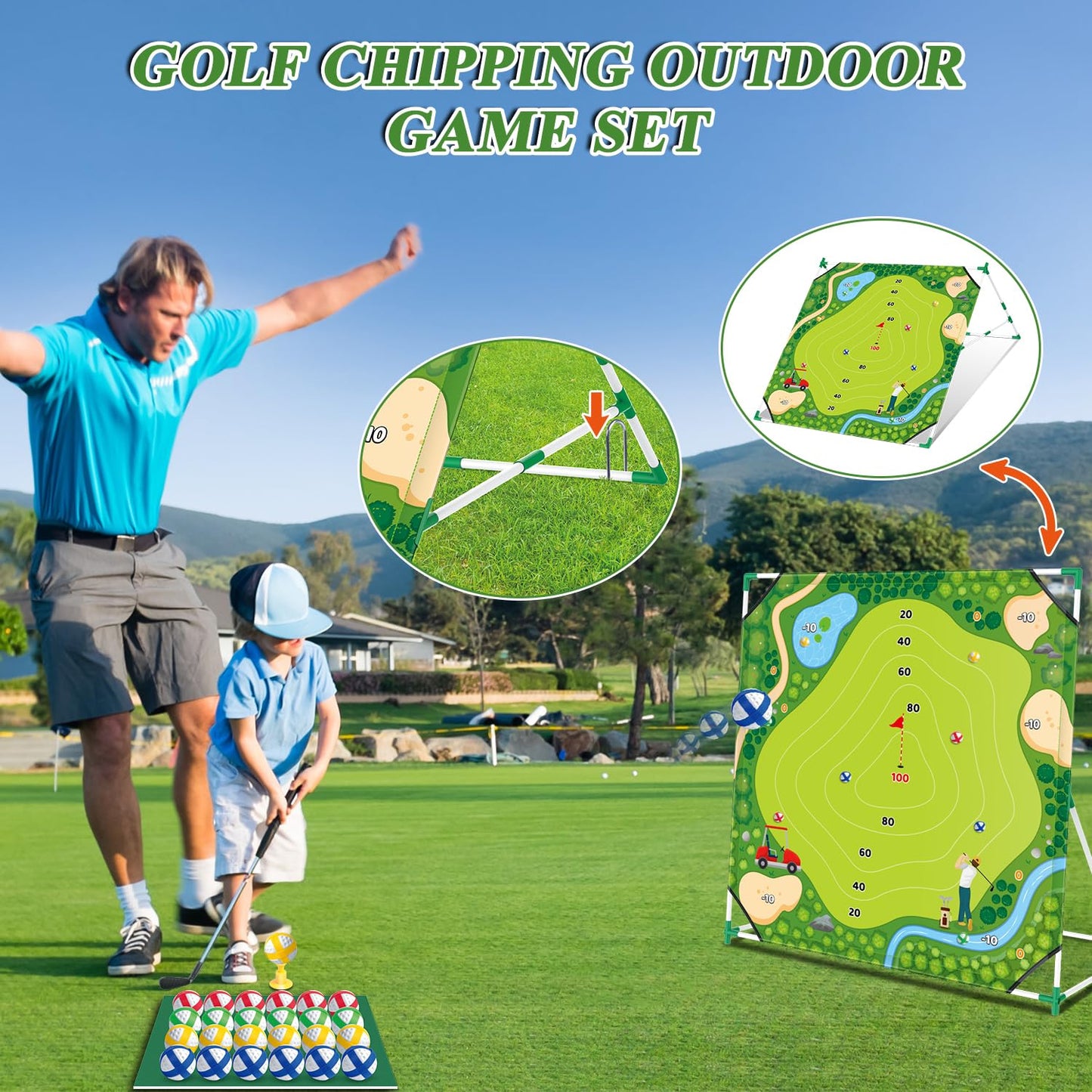 Mostop Golf Chipping Game Set - Large Backyard Cornhole Game Includes Putting Mat, 24 Sticky Balls, Scoreboard, Club, Carrying Bag - Golf Target Yard Games for Golfers Indoor Outdoor, Gift for Dad