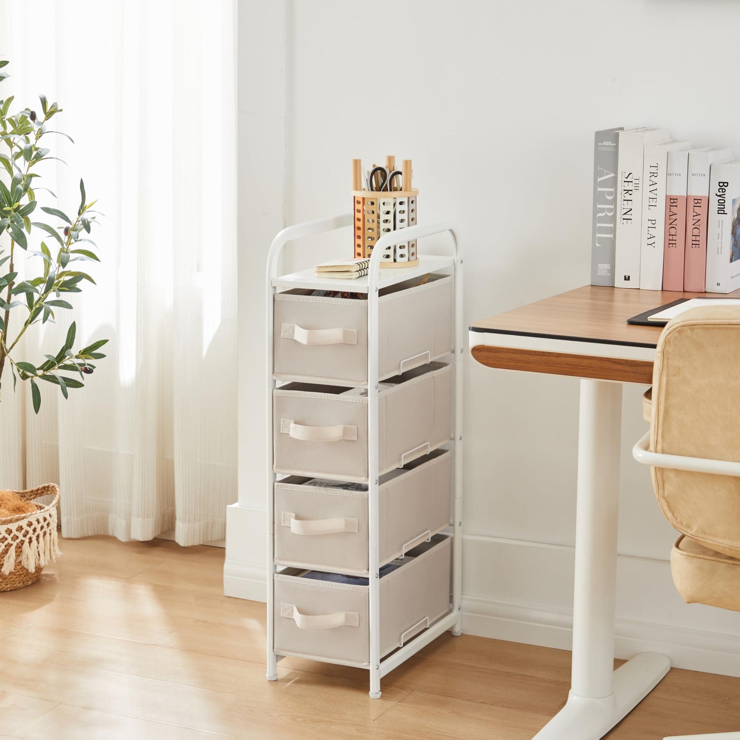 MAX Houser 4 Drawer Narrow Dresser Fabric Storage Tower Vertical Slim Storage Chest Organizer Nightstand Side/End Table Small Standing Organizer Removable Drawers Wood Top for Bedroom, Bathroom(Beige)