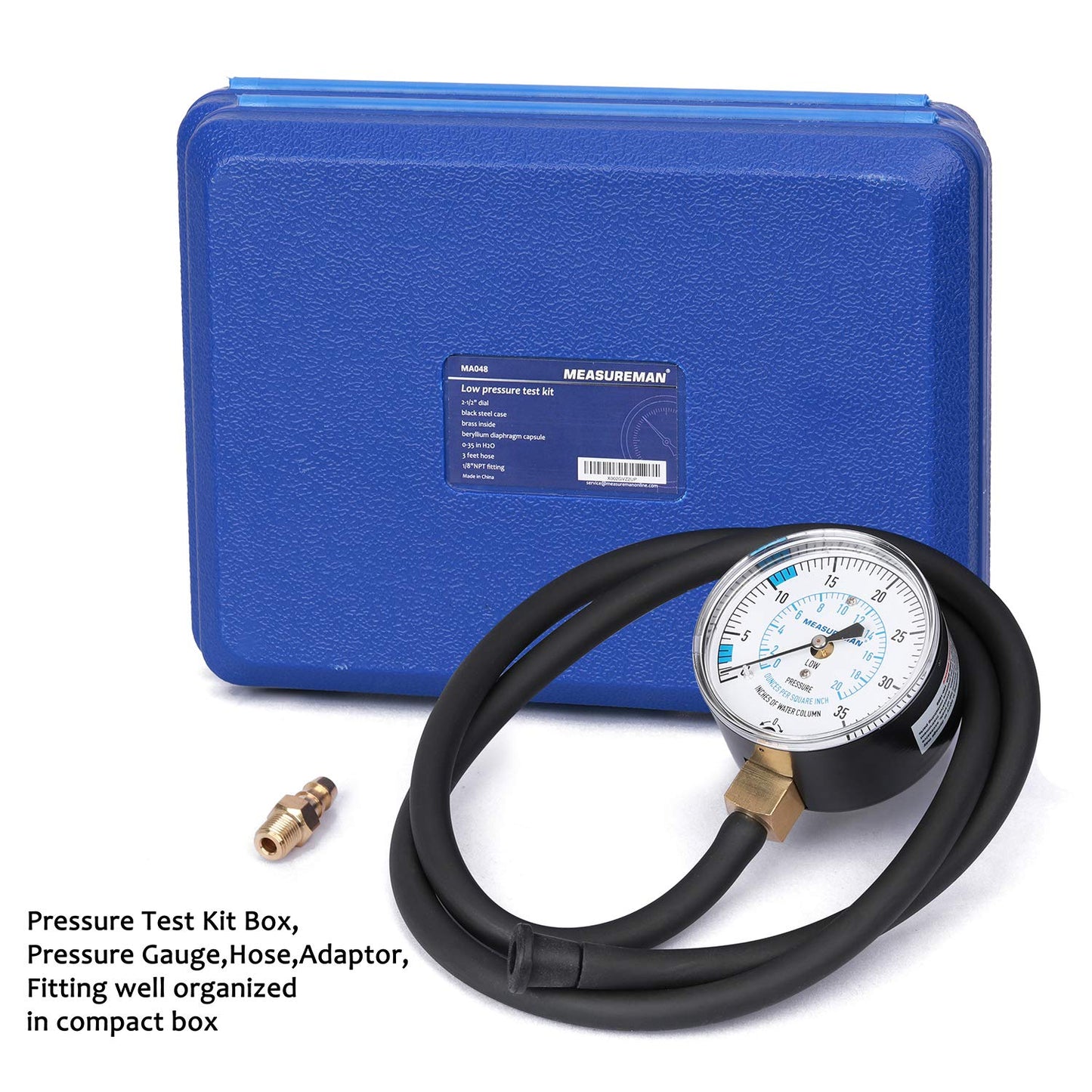 Measureman Natural Gas or LP Gas Manifold Pressure Test Kit, 0-35 "W.C., 1/4"NPT, 40" Length Hose