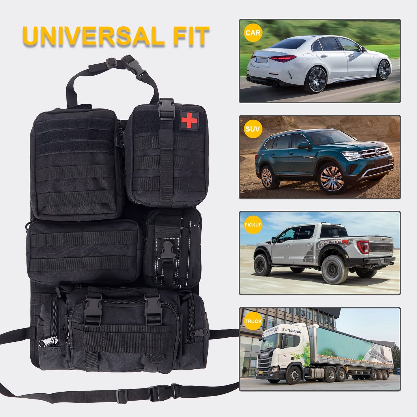 Universal Tactical Seat Back Organizer Vehicle Molle Panel Organizer Storage Bag with 5 Detachable Molle Pouch for All Vehicel Such as Jeep,Truck,SUV, Car, Ford,Chevy,Toyota etc. (A model-Black)