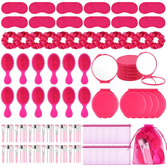 72 PCS Pink Girl Party Favors Kids Makeup Party Supplies Includes Pink Hair Brush Elastic Pink Scrunchies Foldable Cosmetic Mirror Makeup Brushes Eye Mask Organza Bags for Girls Women