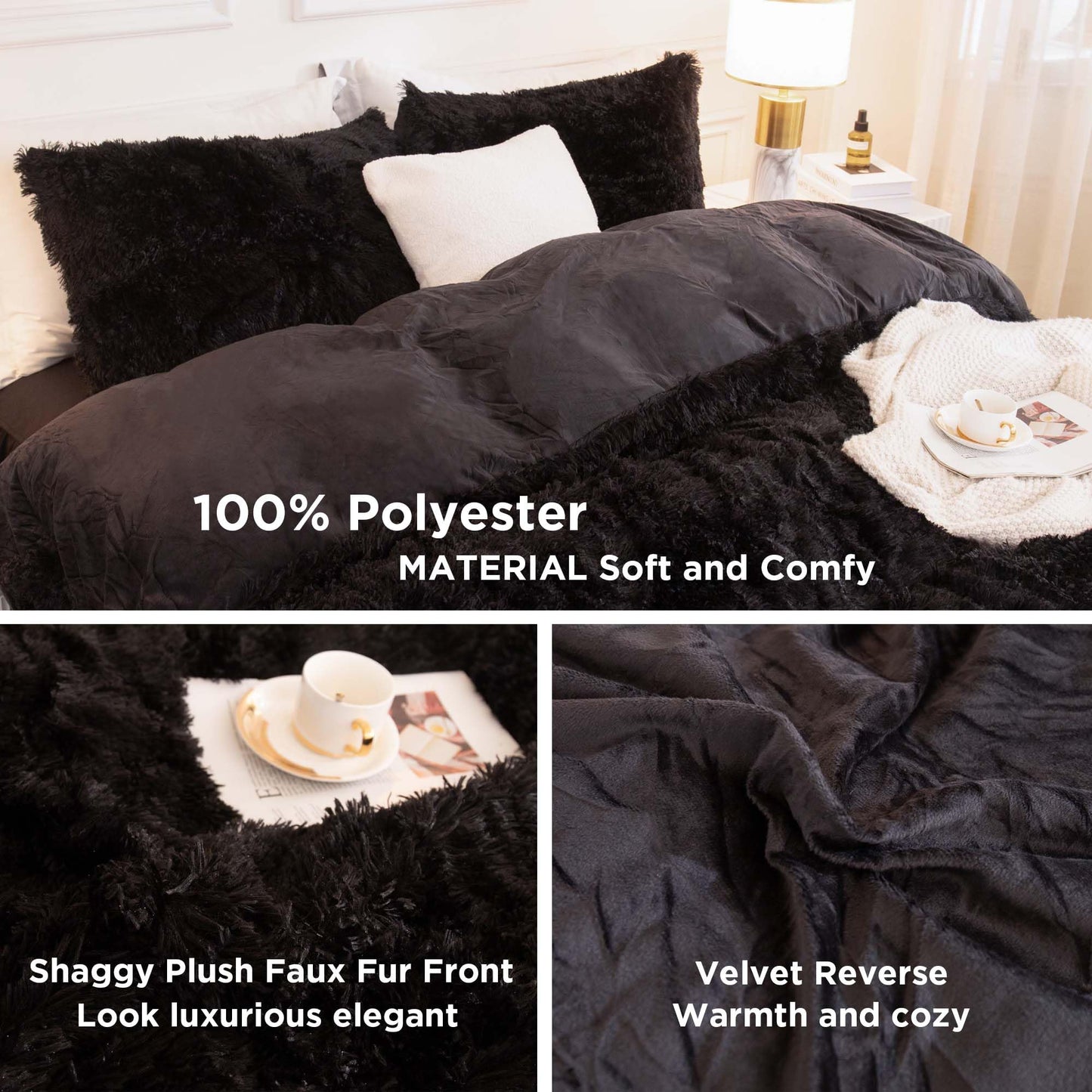 Andency Comforter Full Size Set Black, Fluffy Winter Faux Fur Warm Soft Plush Bedding Comforter Set (1 Velvet Comforter & 2 Pillowcases), Fuzzy Thick Heavy Puffy Comforters Bed Set
