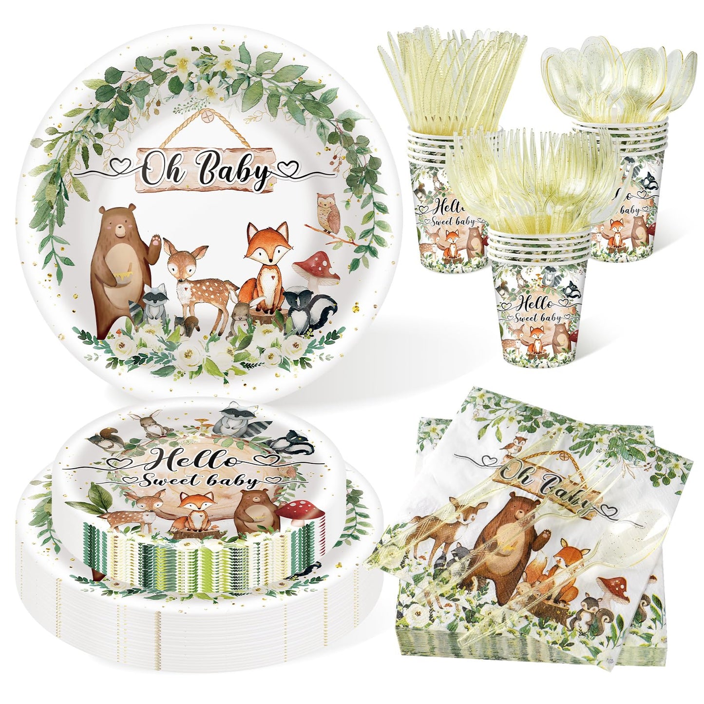 350 Pieces Woodland Baby Shower Decorations Set Serves 50 Guests, Forest Theme Party Supplies Tableware with Plates, Cups, Napkins, Disposable Tableware
