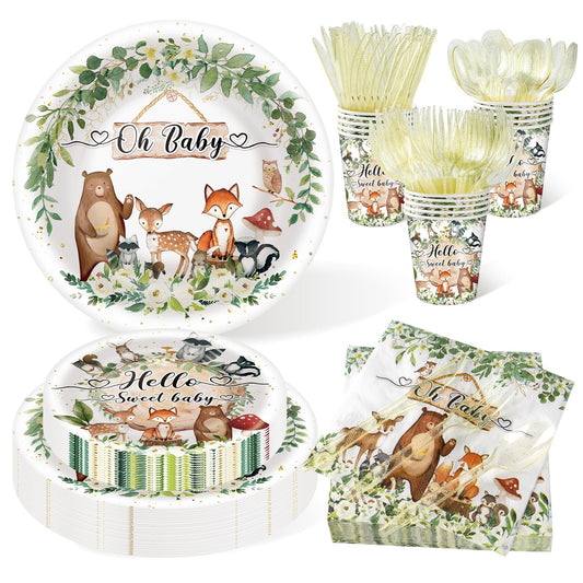 350 Pieces Woodland Baby Shower Decorations Set Serves 50 Guests, Forest Theme Party Supplies Tableware with Plates, Cups, Napkins, Disposable Tableware