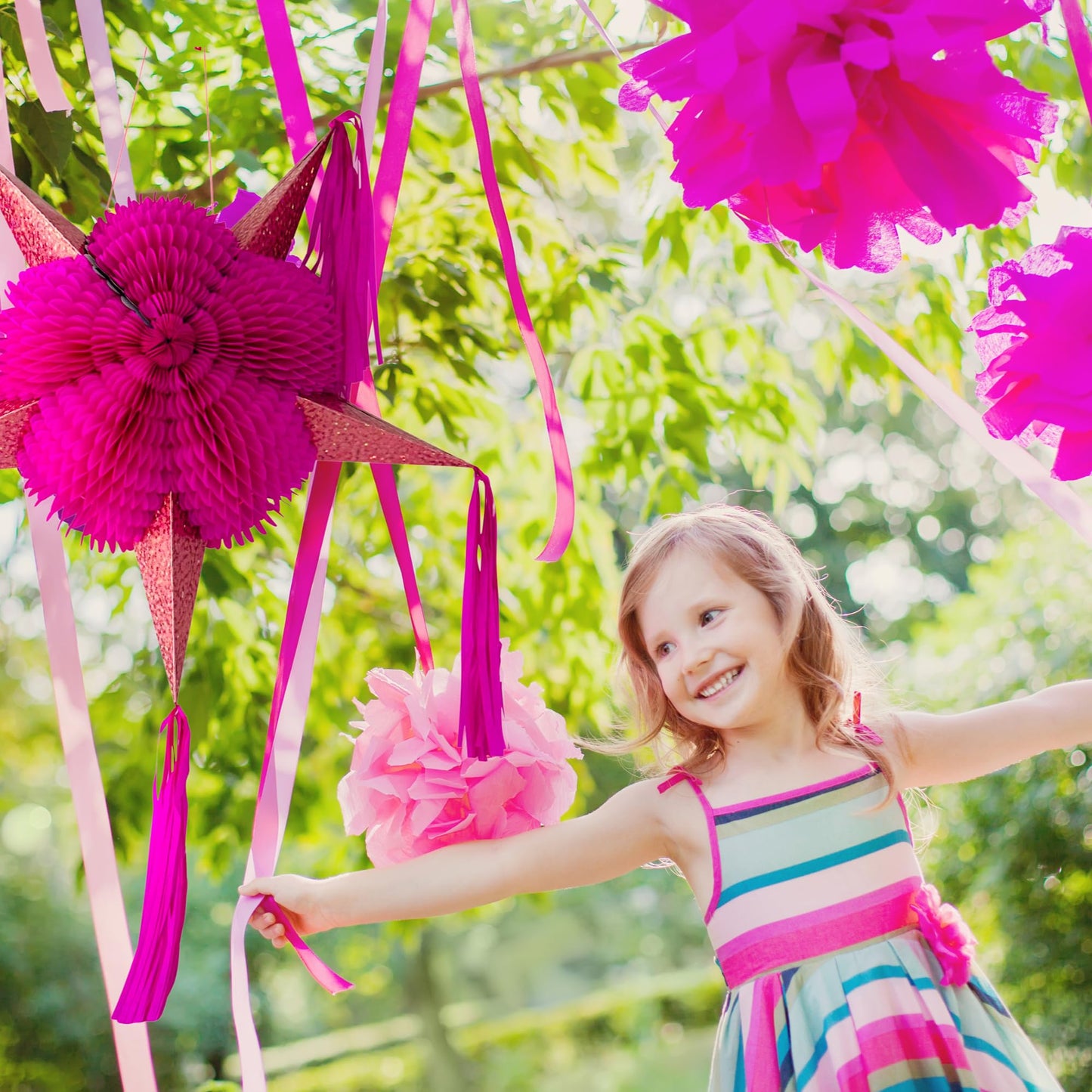 Mexican Star Pinata (32"), Hot Pink Piñata with Rose Gold Cones and 30 ft Rope - Large Pinata for Baby/Bridal Shower, Quinceañera, Glamorous Pink Party Decoration
