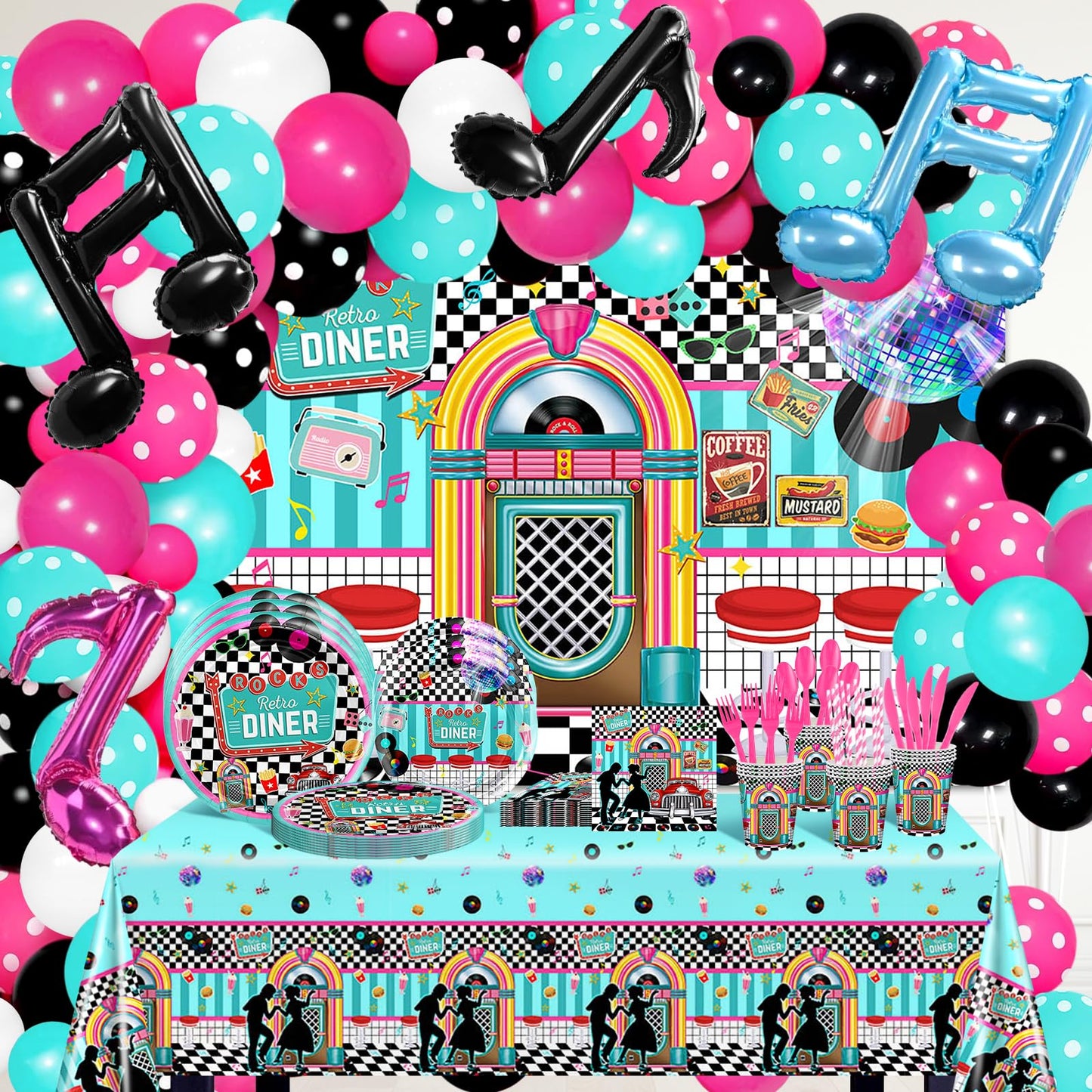 Lecheme 50s Party Decorations 280 PCS 50s Theme Party Decorations Sock Hop Backdrop Disco Balloons 50s Plates Napkins Cups Tablecloth Music Party Supplies Photo Booth Props
