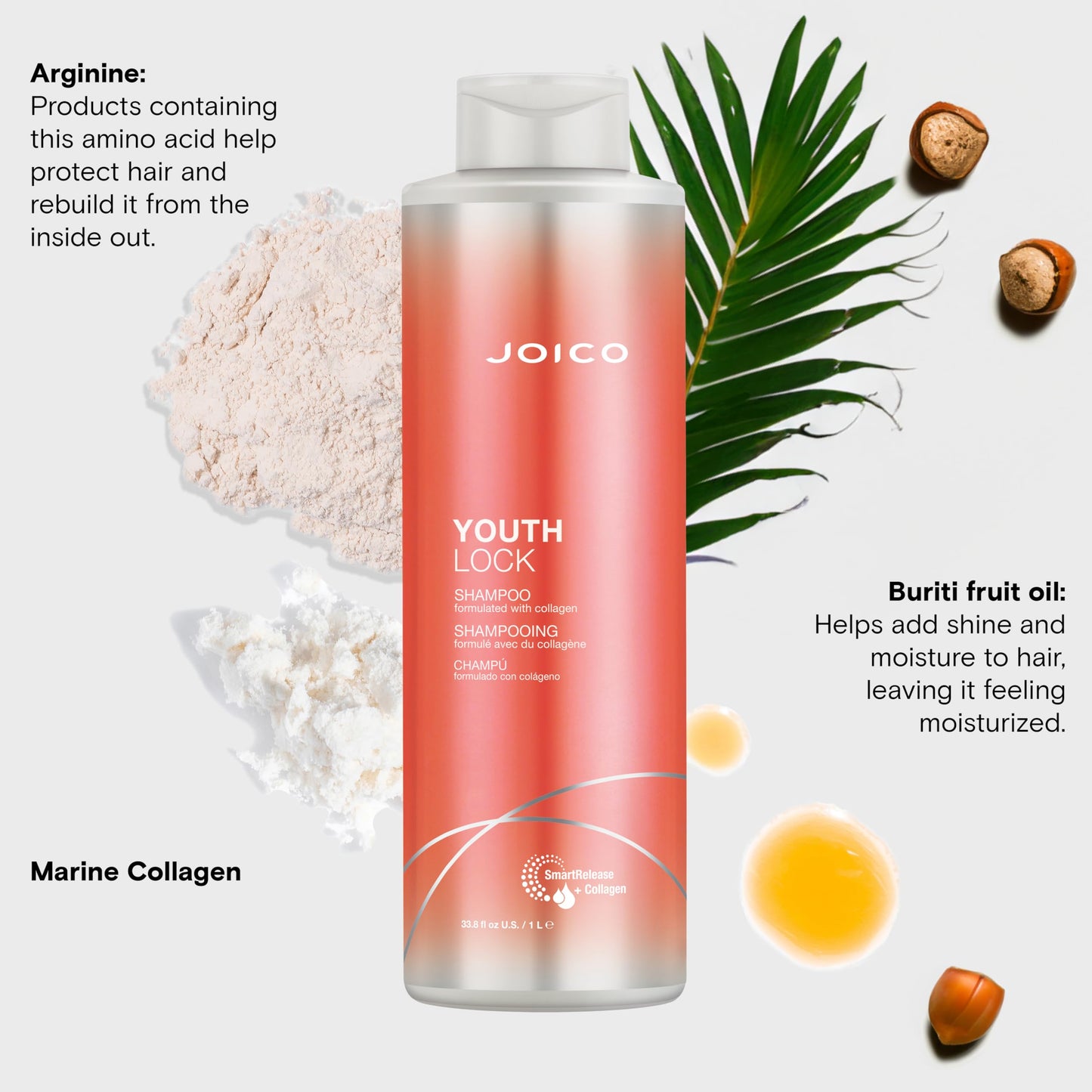 Joico YouthLock Shampoo Formulated With Collagen | Youthful Body & Bounce | Reduce Breakage & Frizz | Soften & Detangle Hair | Boost Shine | Sulfate Free | With Arginine | 33.8 Fl Oz