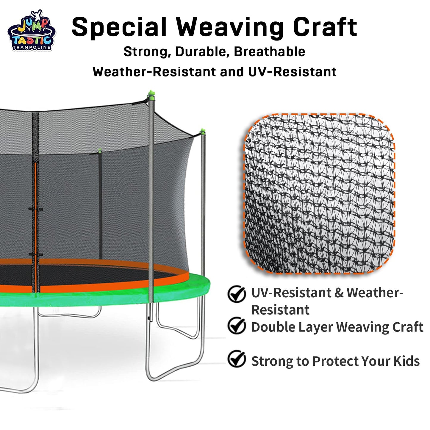 14Ft Trampoline Net Replacement with 6 Enclosure Pole Caps, Trampoline Replacement Enclosure Net Round Safty UV-Resistant Weather-Resitant Breathable Durable(Not Include Poles)