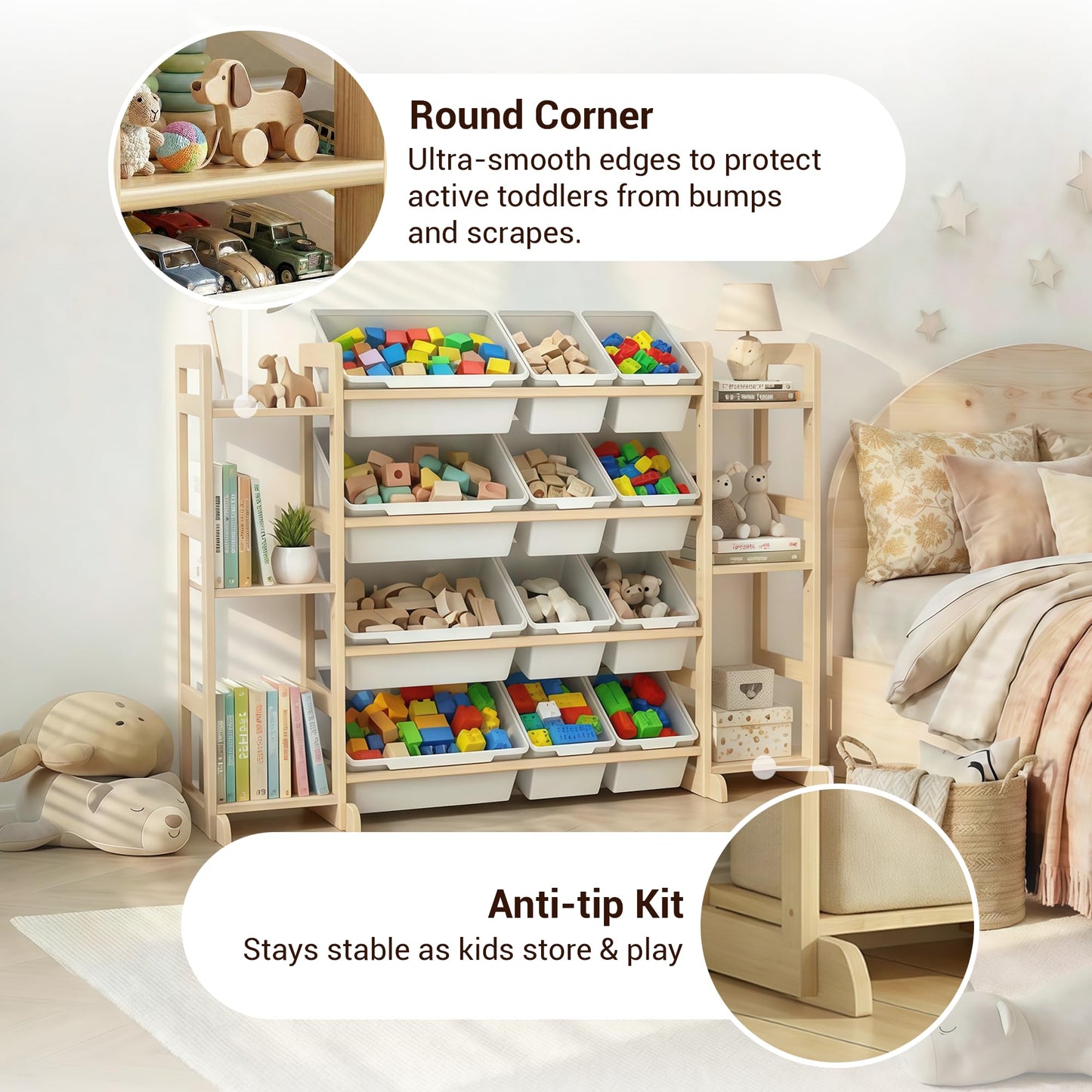 Kiddocood Kids Toy Storage Organizer with 12 Bins, 100% Solid Wood - Natural Finish Montessori Toy Organizer, BPA Free, CPC & TIC Certified Playroom Organization for Living Room & Nursery, 52.3"