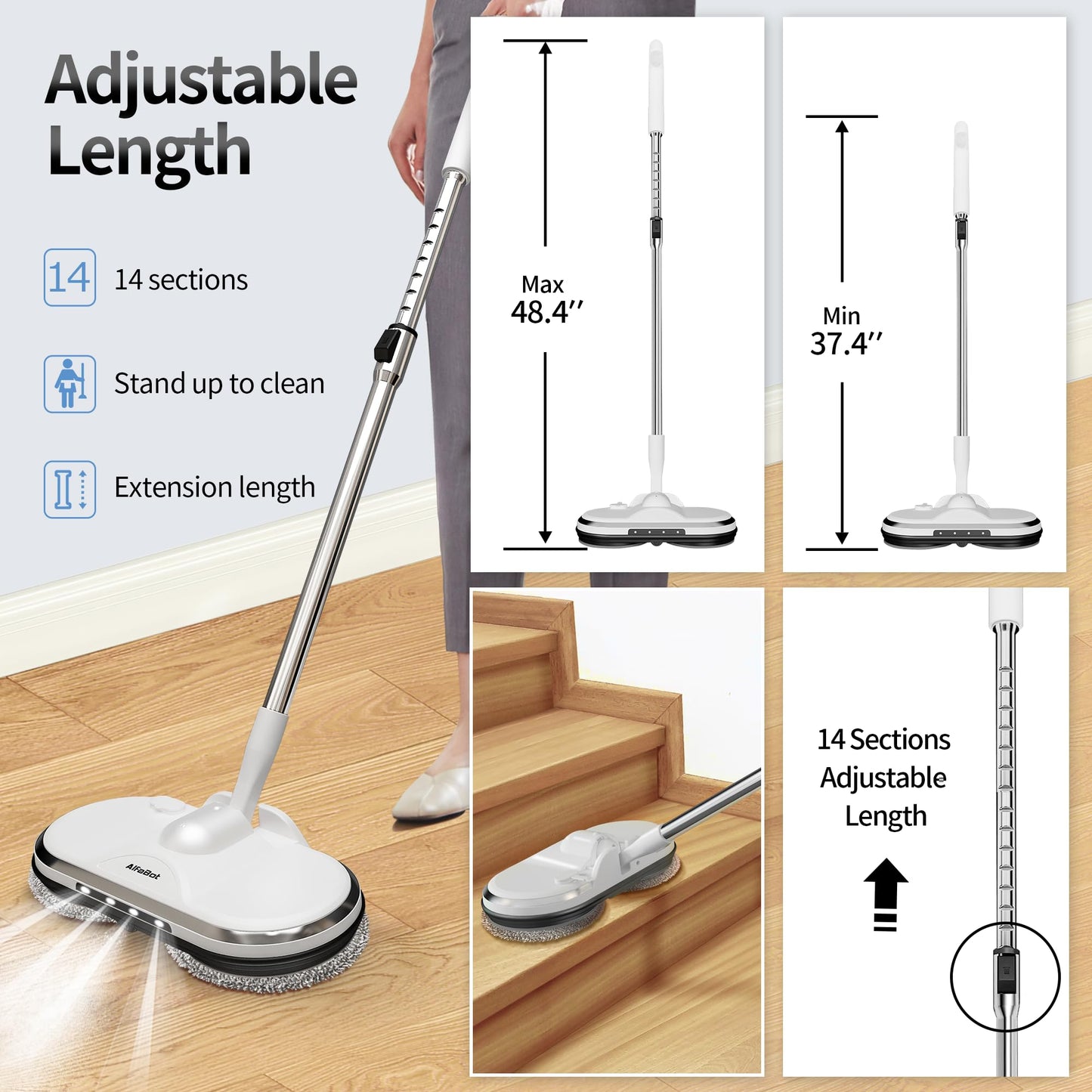 Electric Mop, AlfaBot WS-24 Cordless Spin Mop for Floor Cleaning, Lightweight & Rechargeable Floor Cleaner with Water Sprayer and LED Headlight for Hardwood and Tile Floors, White